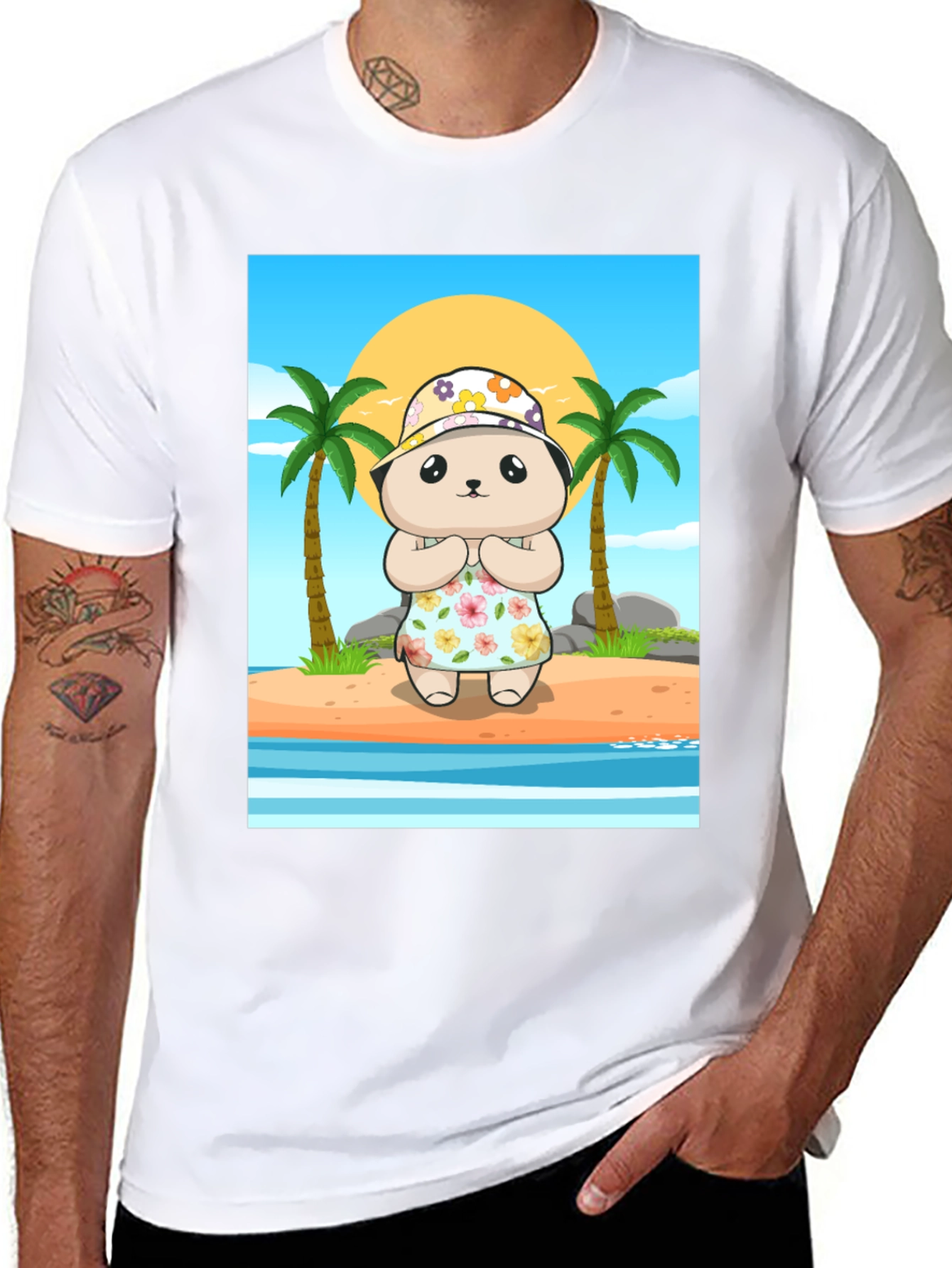 Cartoon Bear Graphic Tee - Summer Beach Vibes