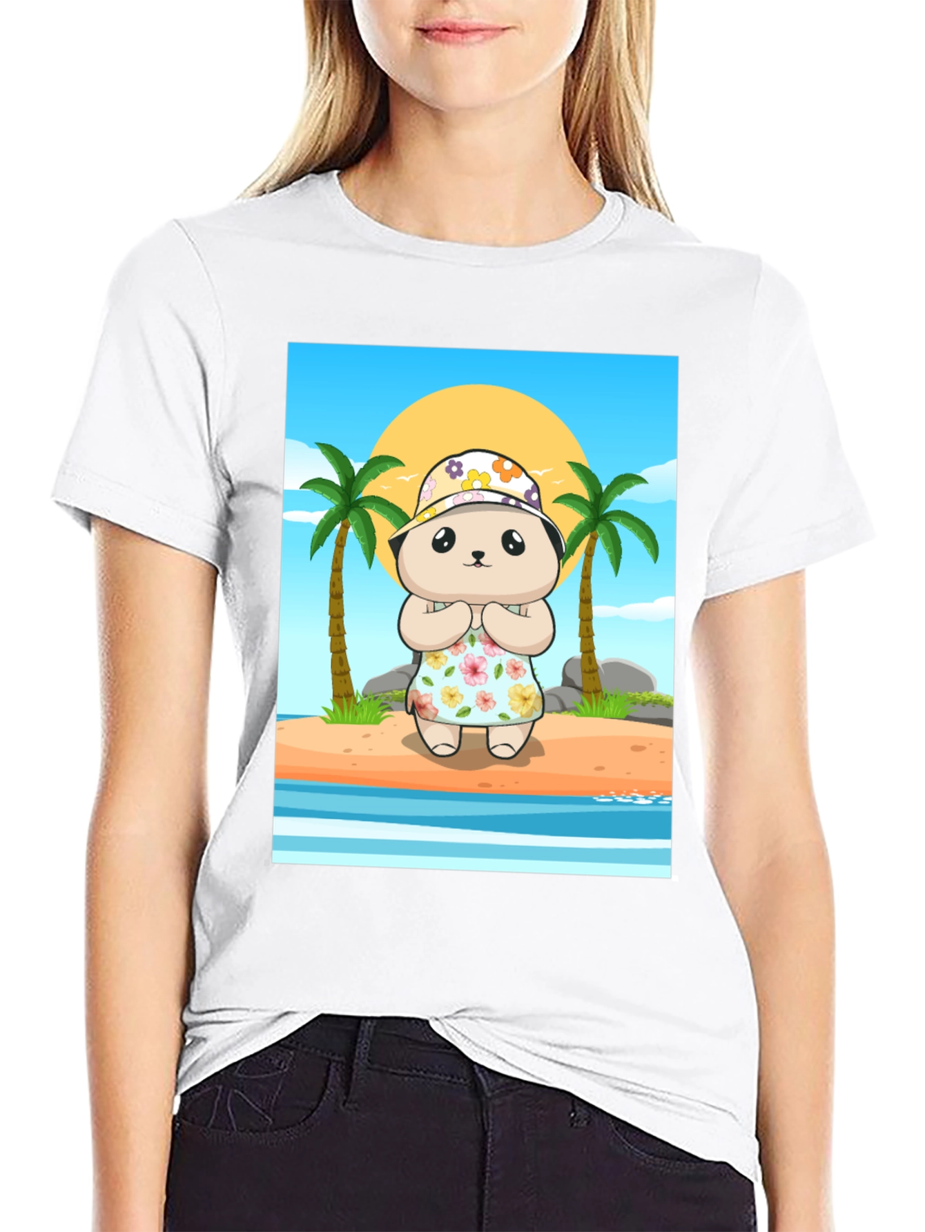 Cartoon Bear Graphic Tee - Summer Beach Vibes