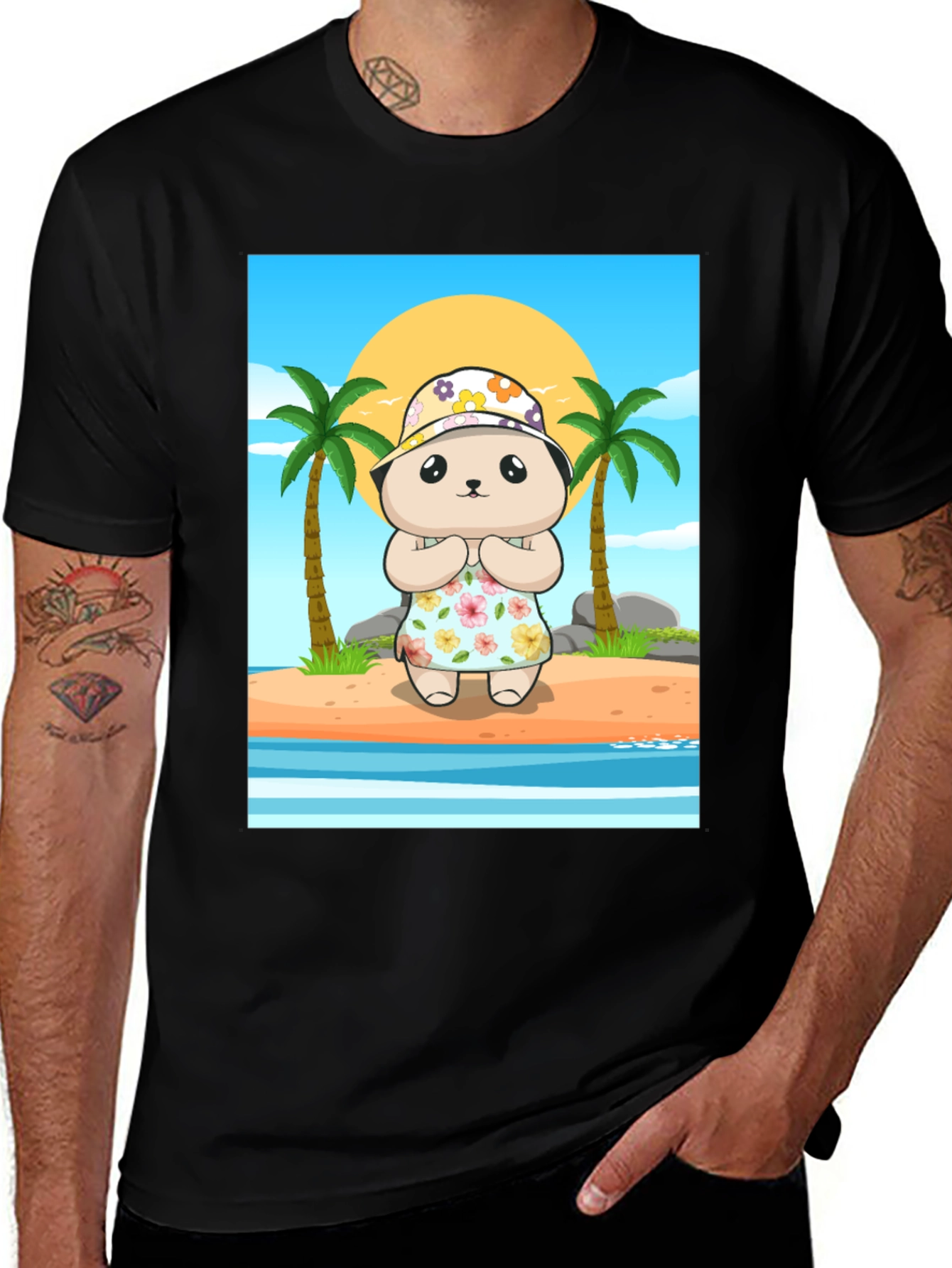 Cartoon Bear Graphic Tee - Summer Beach Vibes