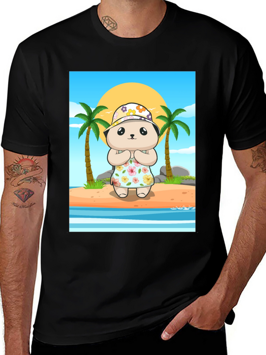 Cartoon Bear Graphic Tee - Summer Beach Vibes