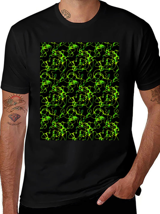Abstract Green Line Pattern Black T-Shirt