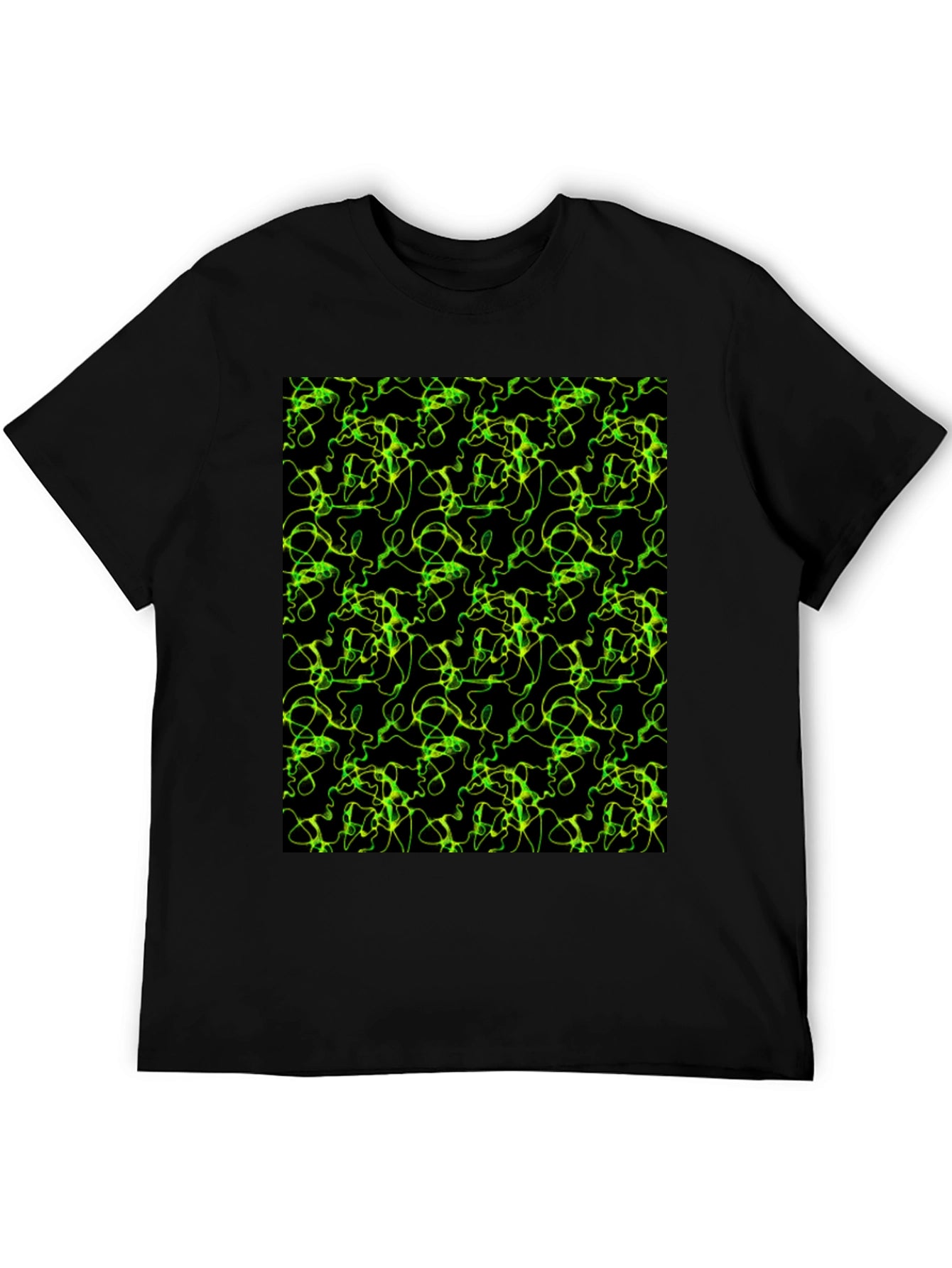 Abstract Green Line Pattern Black T-Shirt
