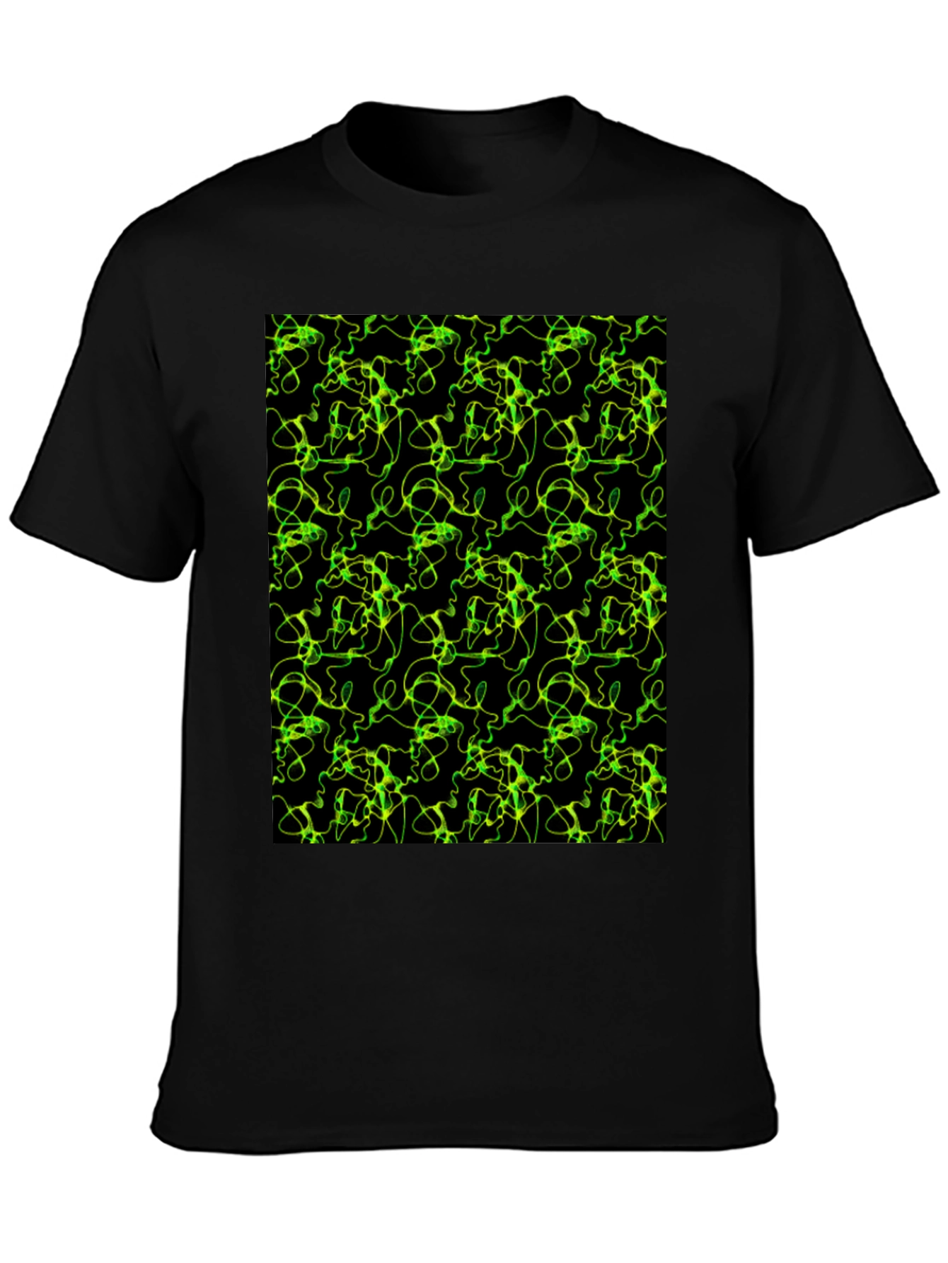Abstract Green Line Pattern Black T-Shirt