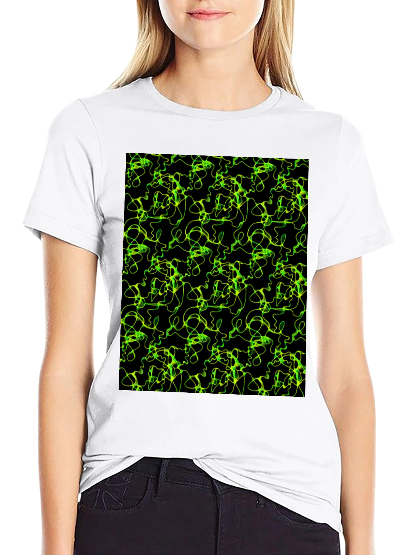 Abstract Green Line Pattern Black T-Shirt