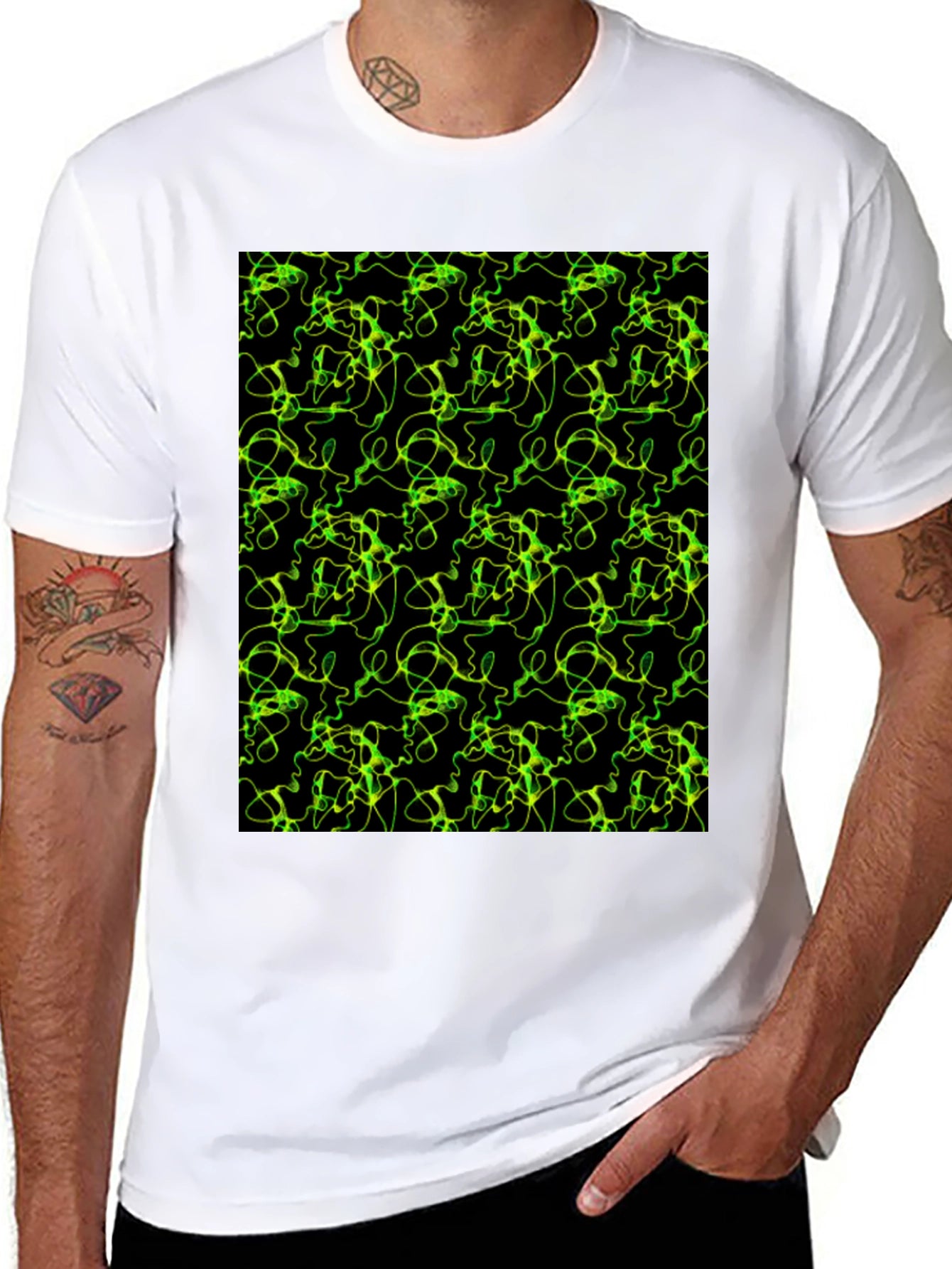 Abstract Green Line Pattern Black T-Shirt
