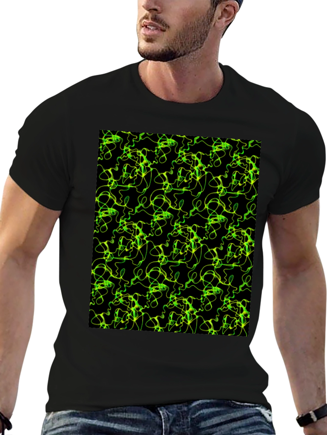 Abstract Green Line Pattern Black T-Shirt