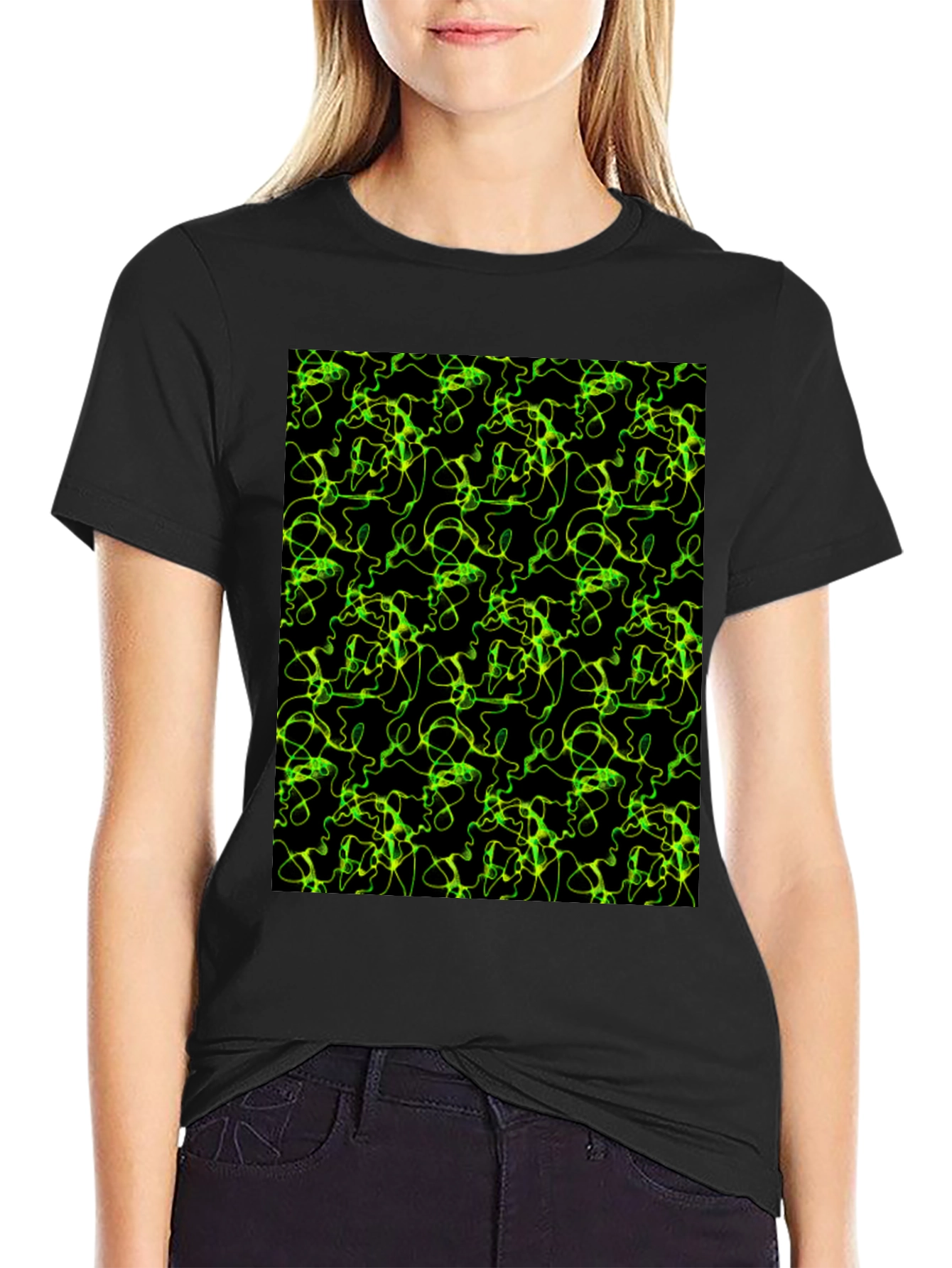Abstract Green Line Pattern Black T-Shirt