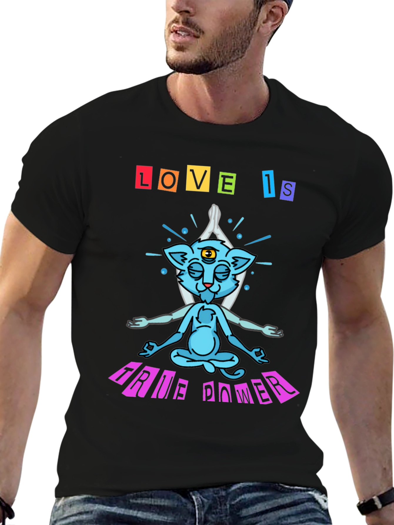 Love Is True Power Yoga Cat Graphic T-Shirt