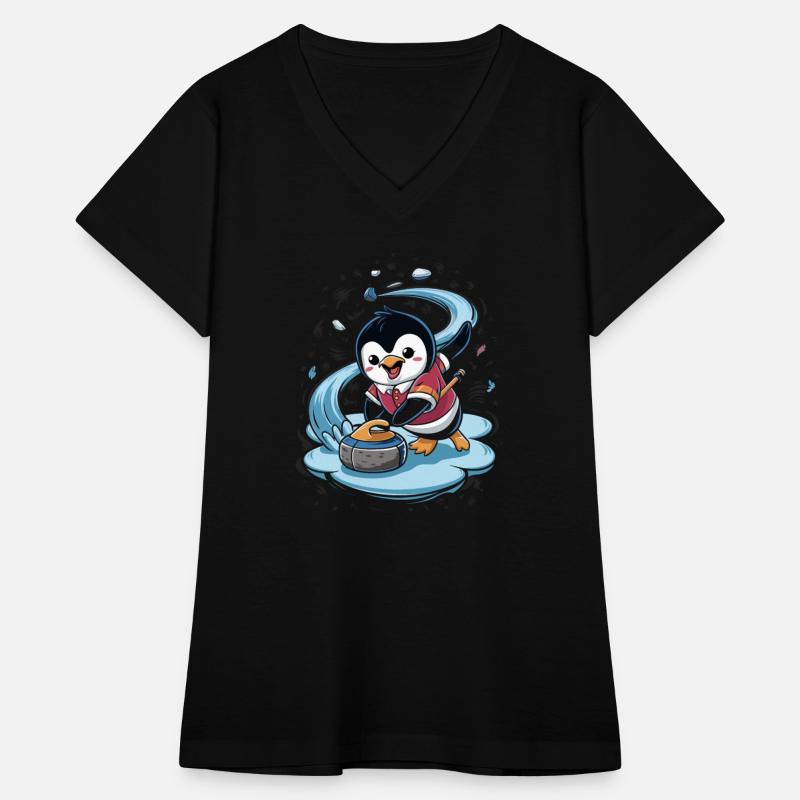 Curling Penguin in Action Fun Sports Cartoon