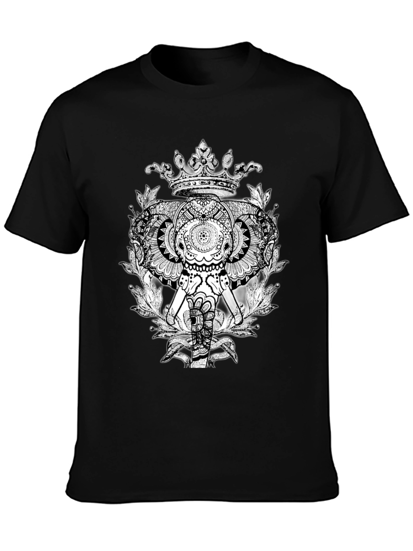Elephant Crown Graphic Tee - Black Cotton Casual T-Shirt