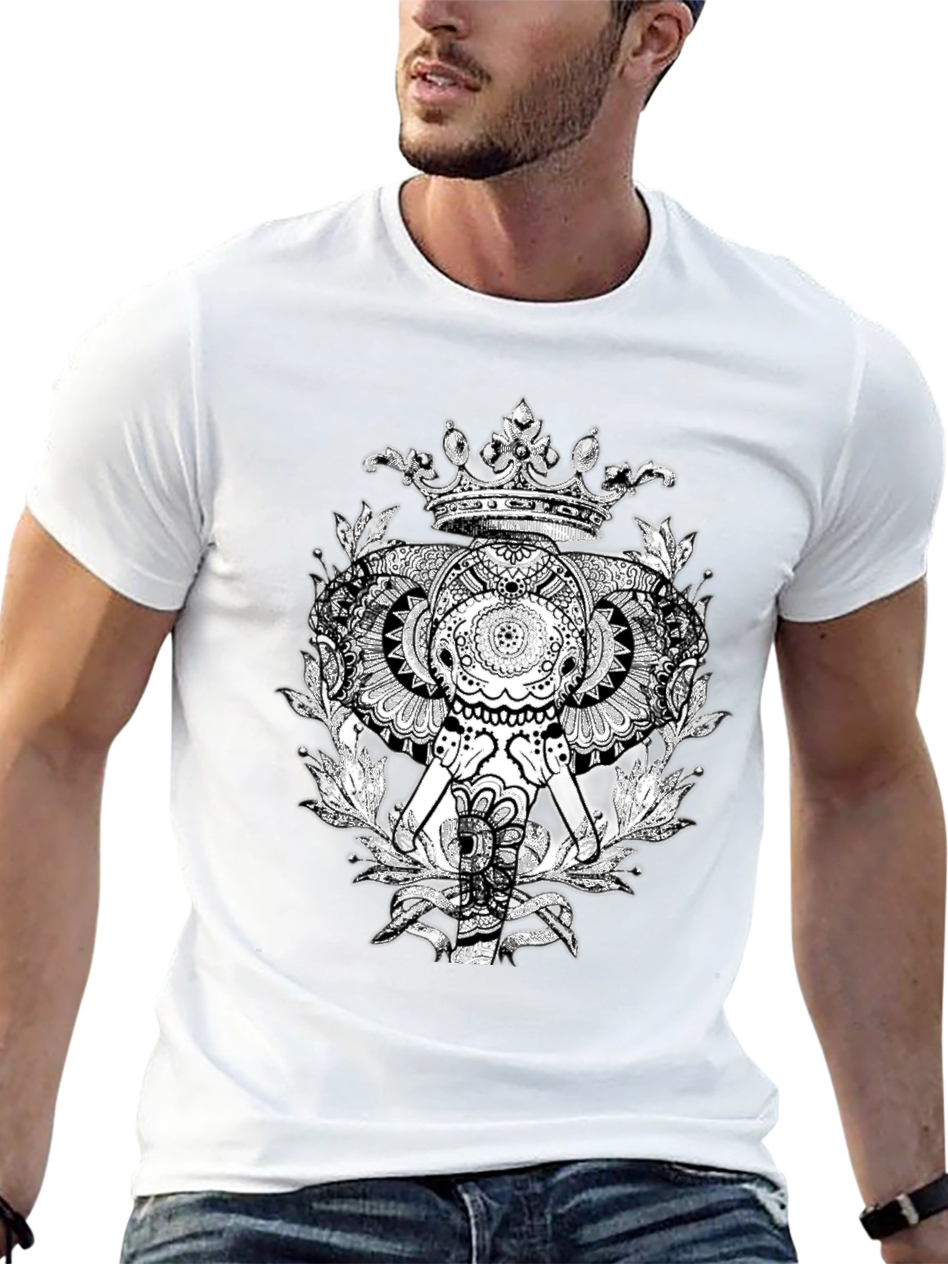 Elephant Crown Graphic Tee - Black Cotton Casual T-Shirt