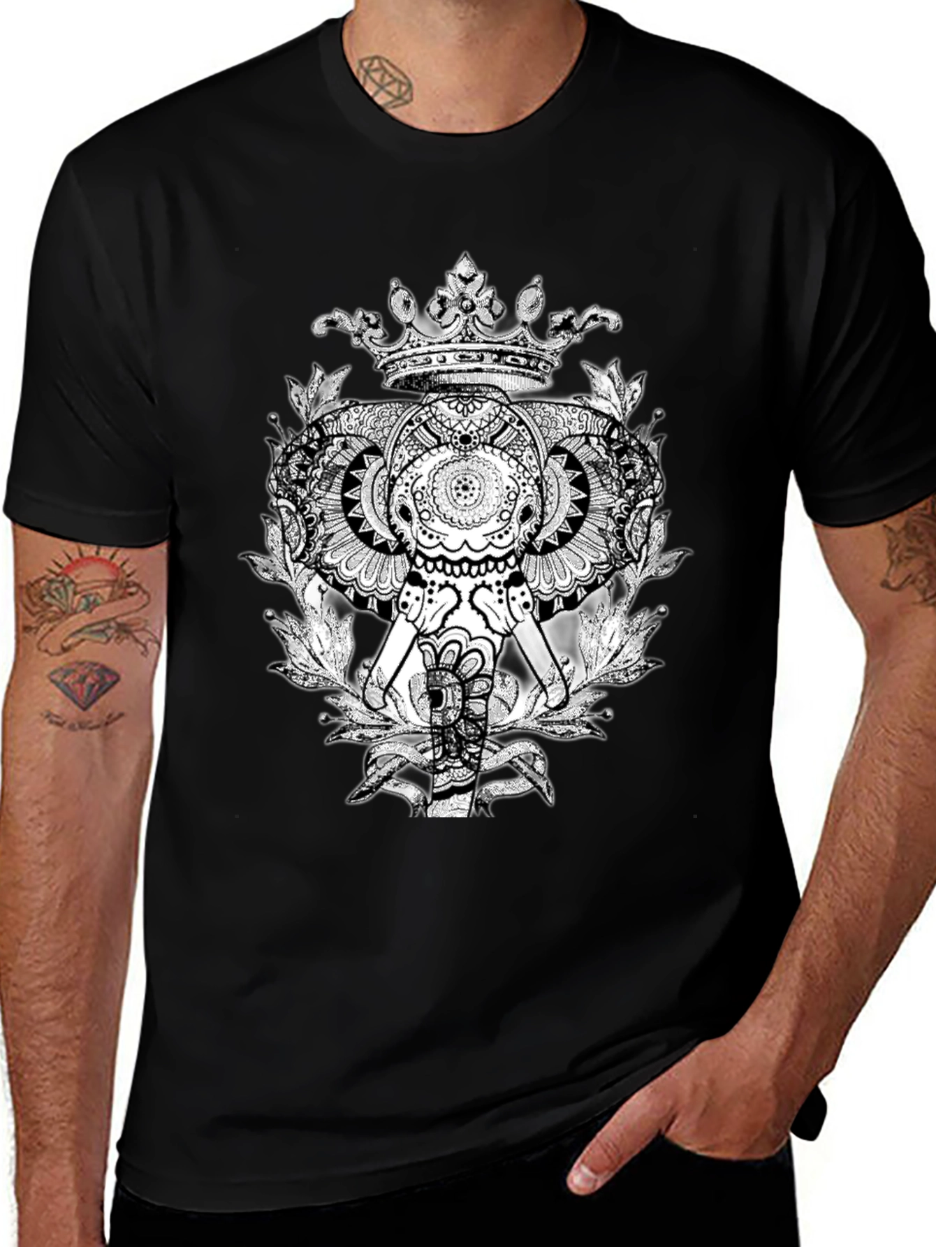 Elephant Crown Graphic Tee - Black Cotton Casual T-Shirt