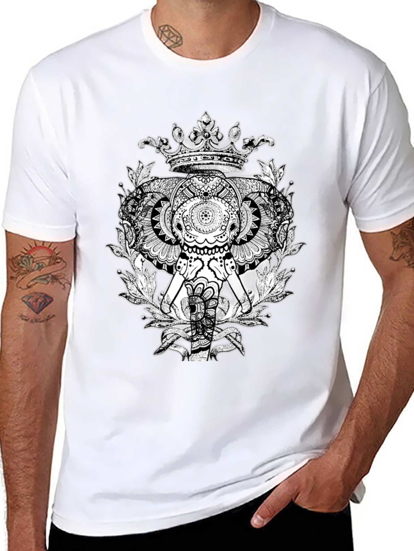 Elephant Crown Graphic Tee - Black Cotton Casual T-Shirt