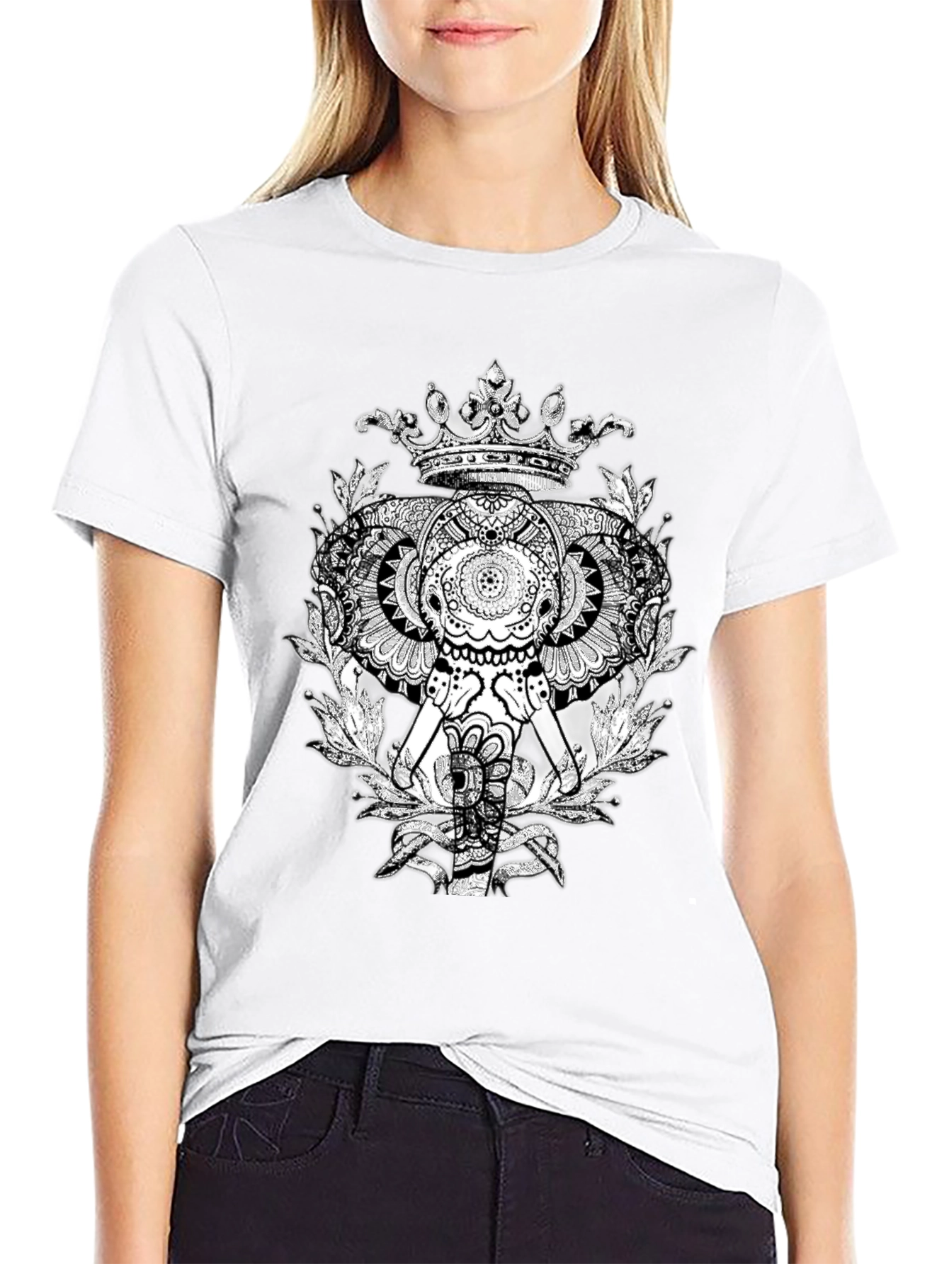 Elephant Crown Graphic Tee - Black Cotton Casual T-Shirt
