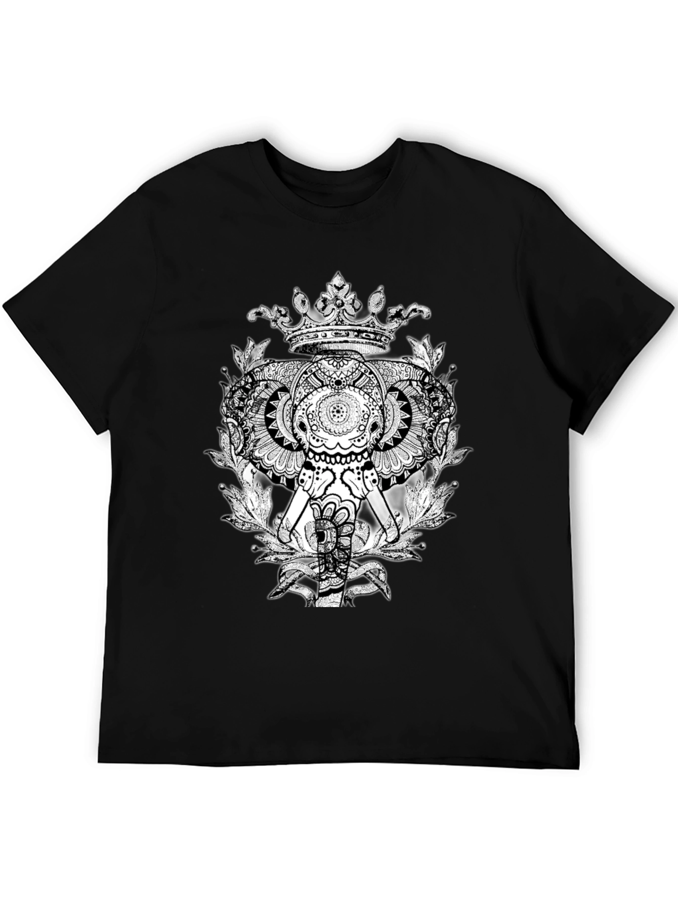 Elephant Crown Graphic Tee - Black Cotton Casual T-Shirt