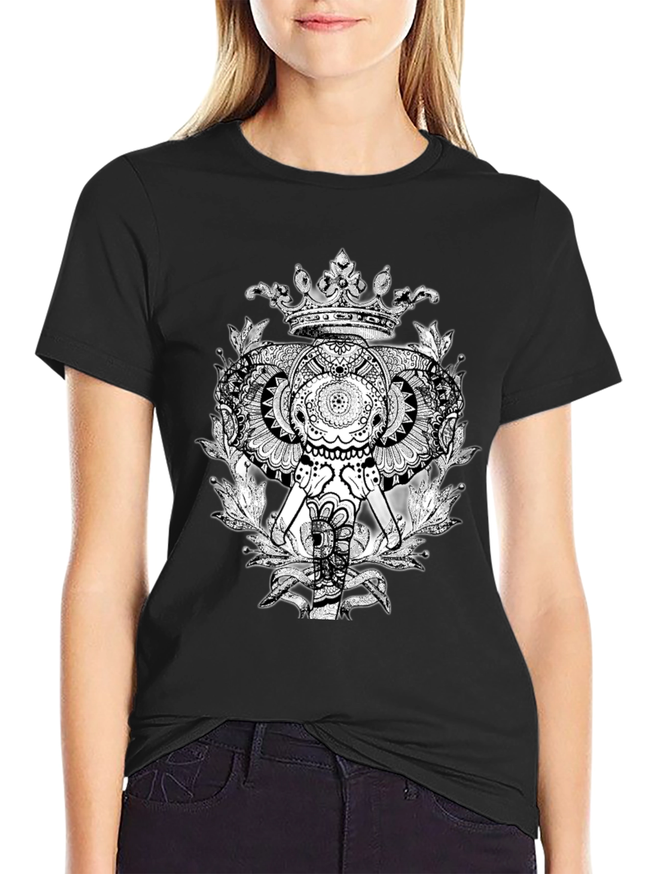Elephant Crown Graphic Tee - Black Cotton Casual T-Shirt