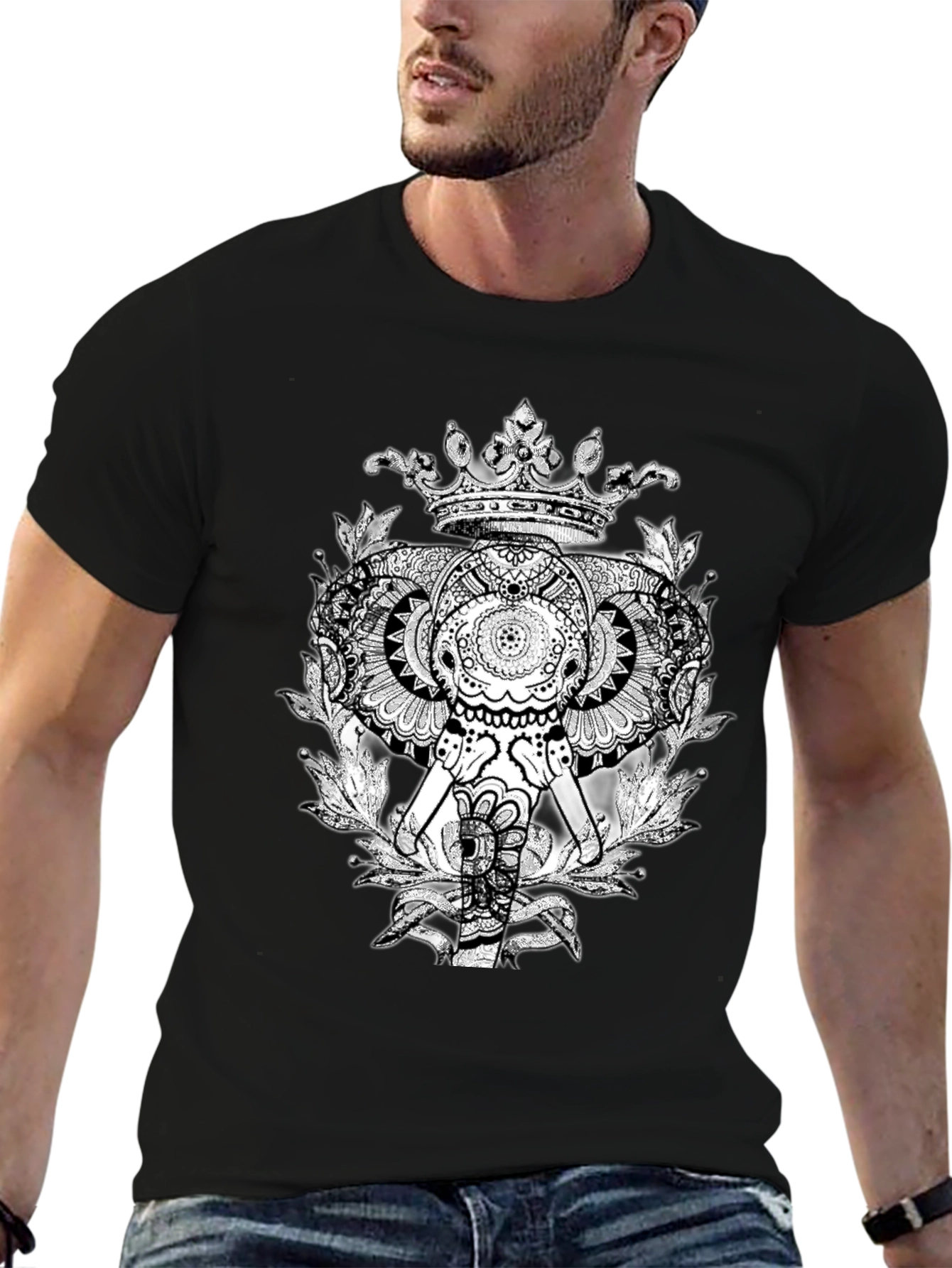 Elephant Crown Graphic Tee - Black Cotton Casual T-Shirt