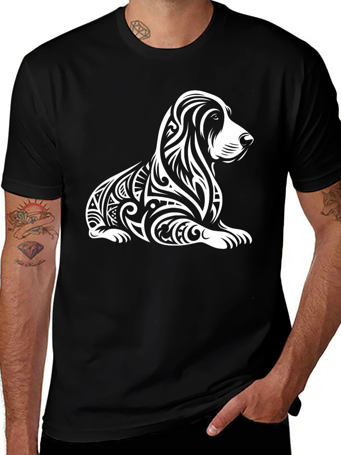 Tribal Dog Graphic Black T-Shirt