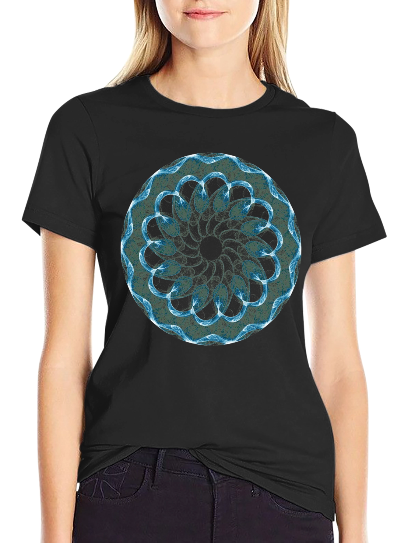 Black T-Shirt with Abstract Blue Geometric Circle Design