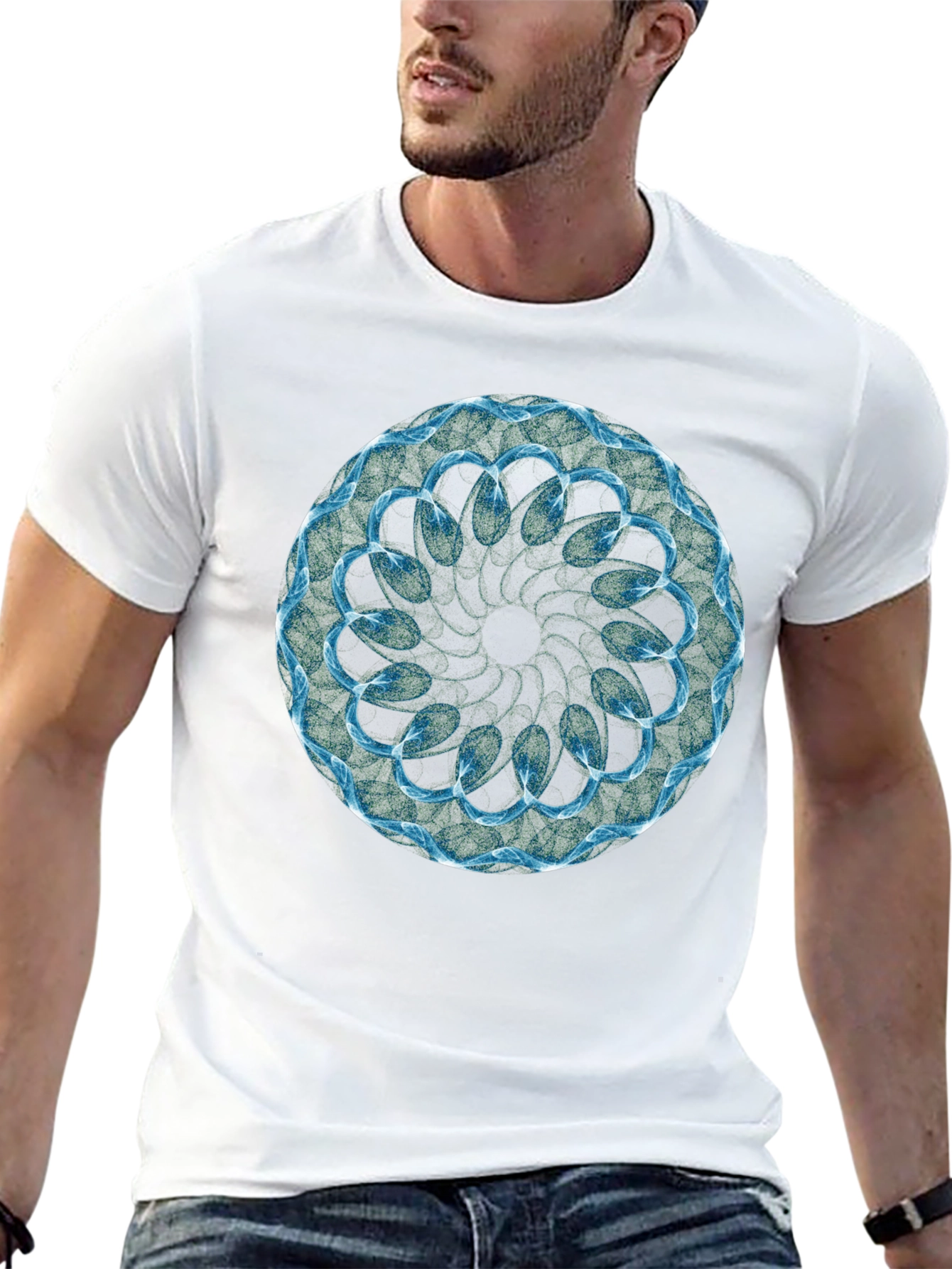 Black T-Shirt with Abstract Blue Geometric Circle Design