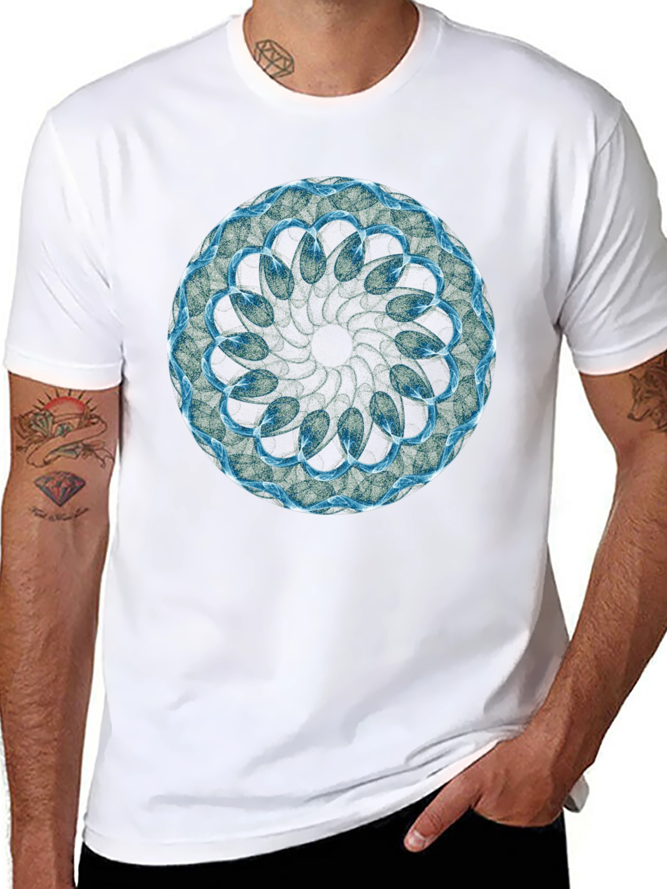 Black T-Shirt with Abstract Blue Geometric Circle Design