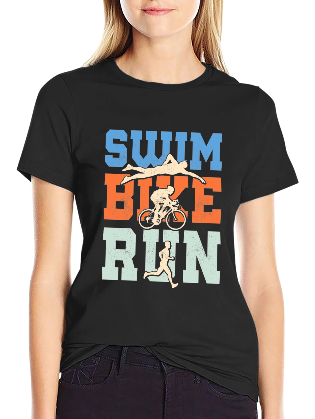 Triathlon Swim Bike Run T-Shirt - Black Cotton Tee