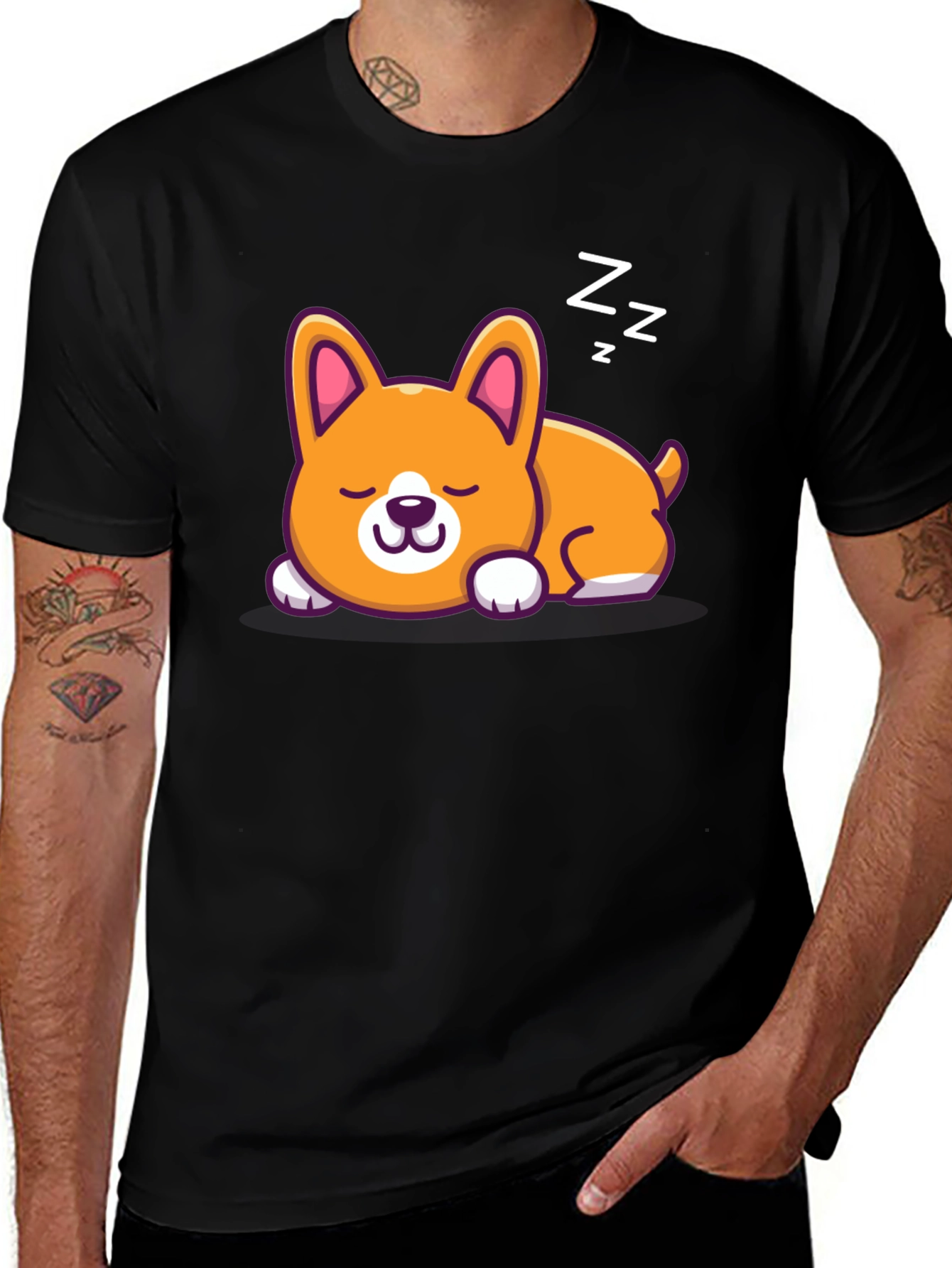 Cute Sleeping Corgi Black T-Shirt