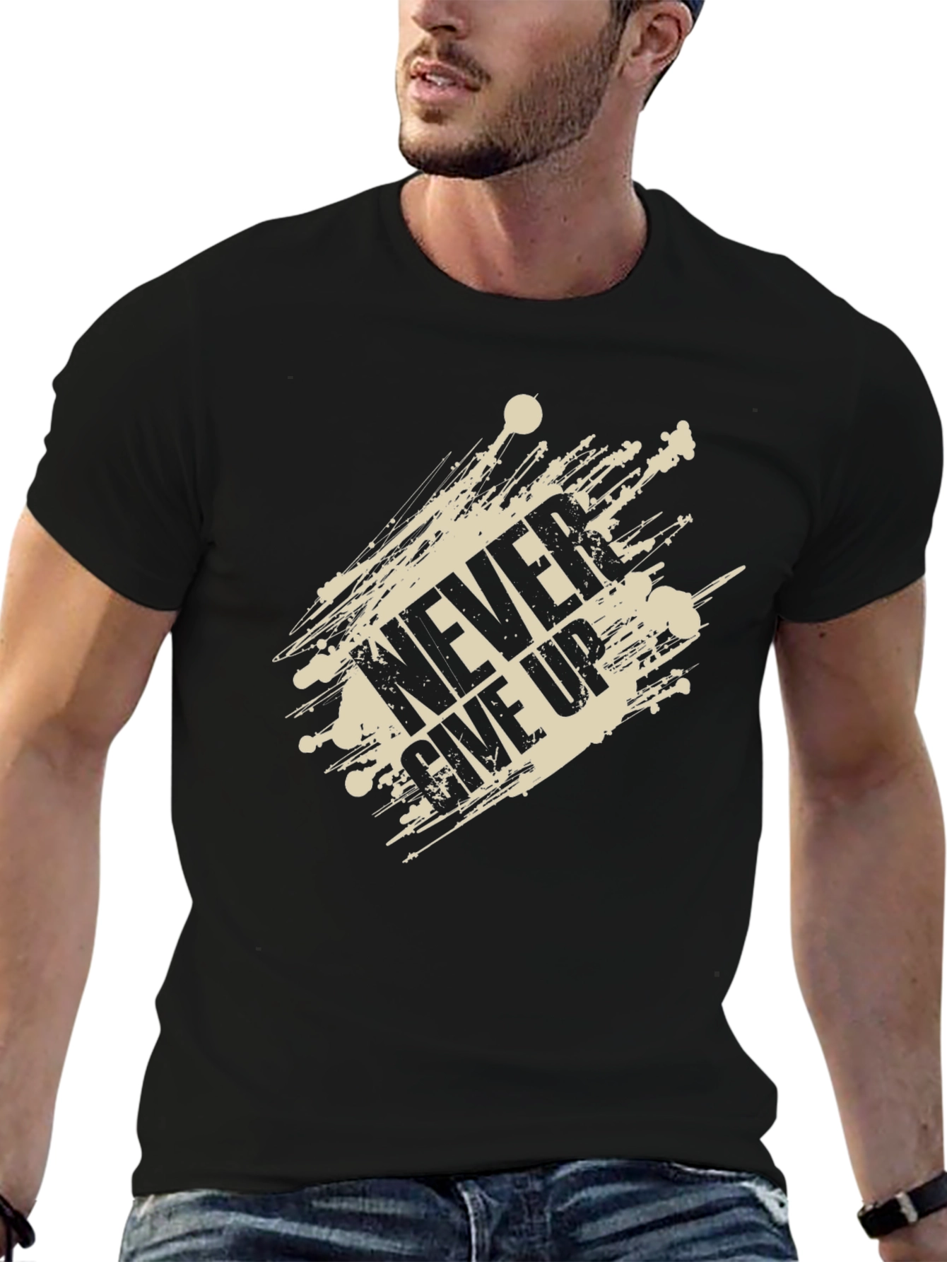 Mens Never Give Up Graphic Print Black T-Shirt