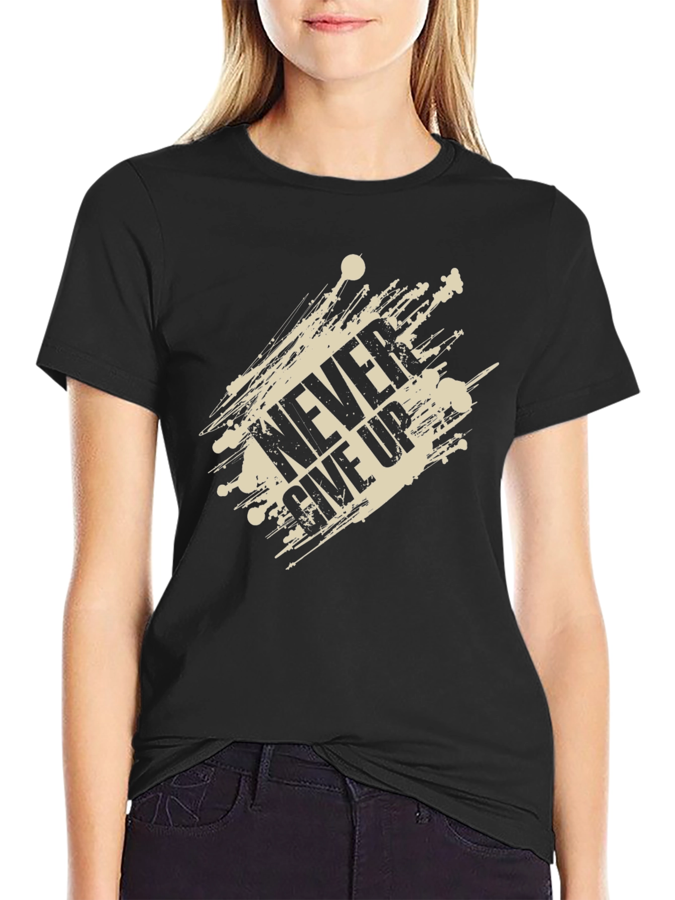Mens Never Give Up Graphic Print Black T-Shirt