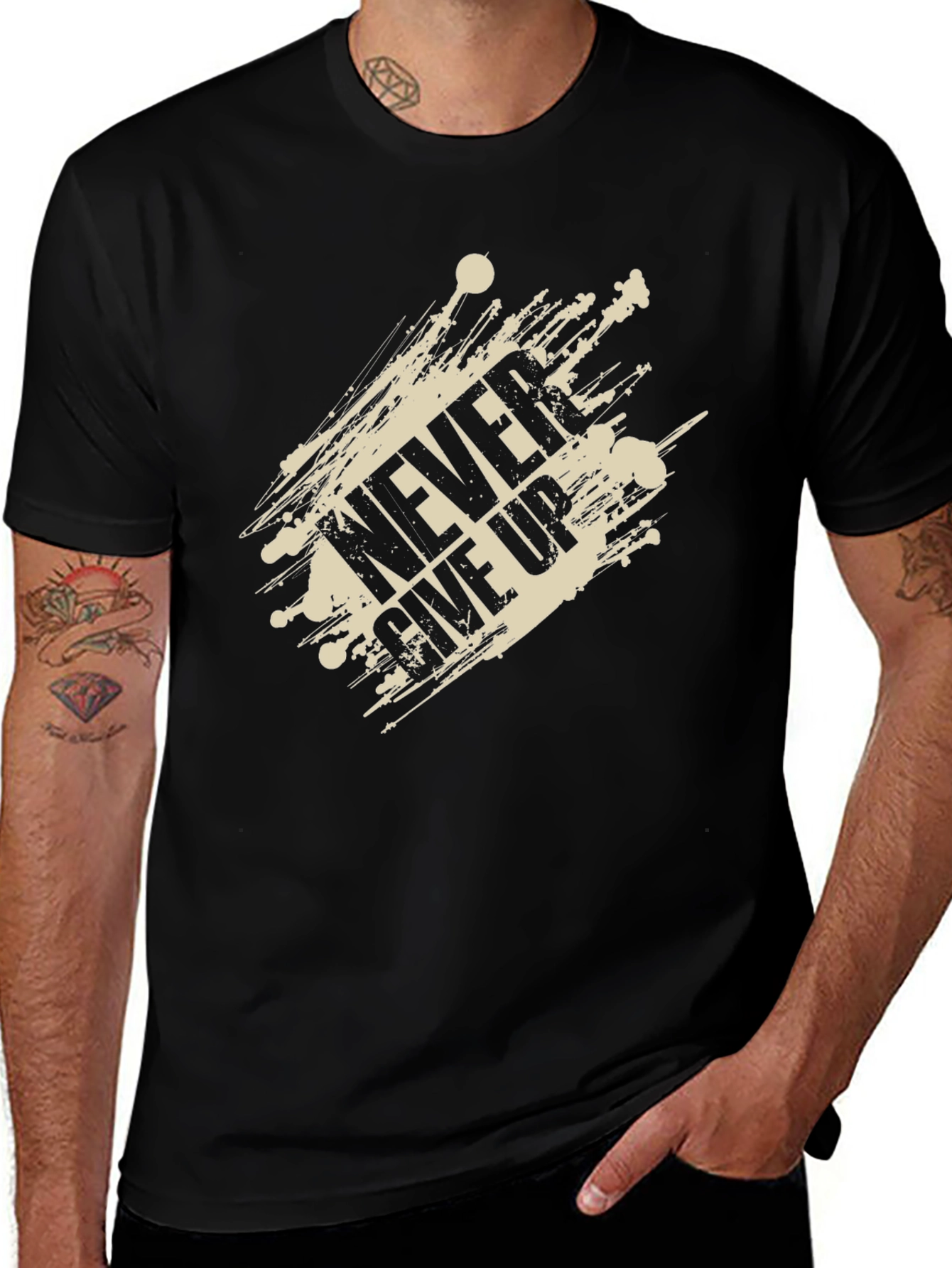Mens Never Give Up Graphic Print Black T-Shirt