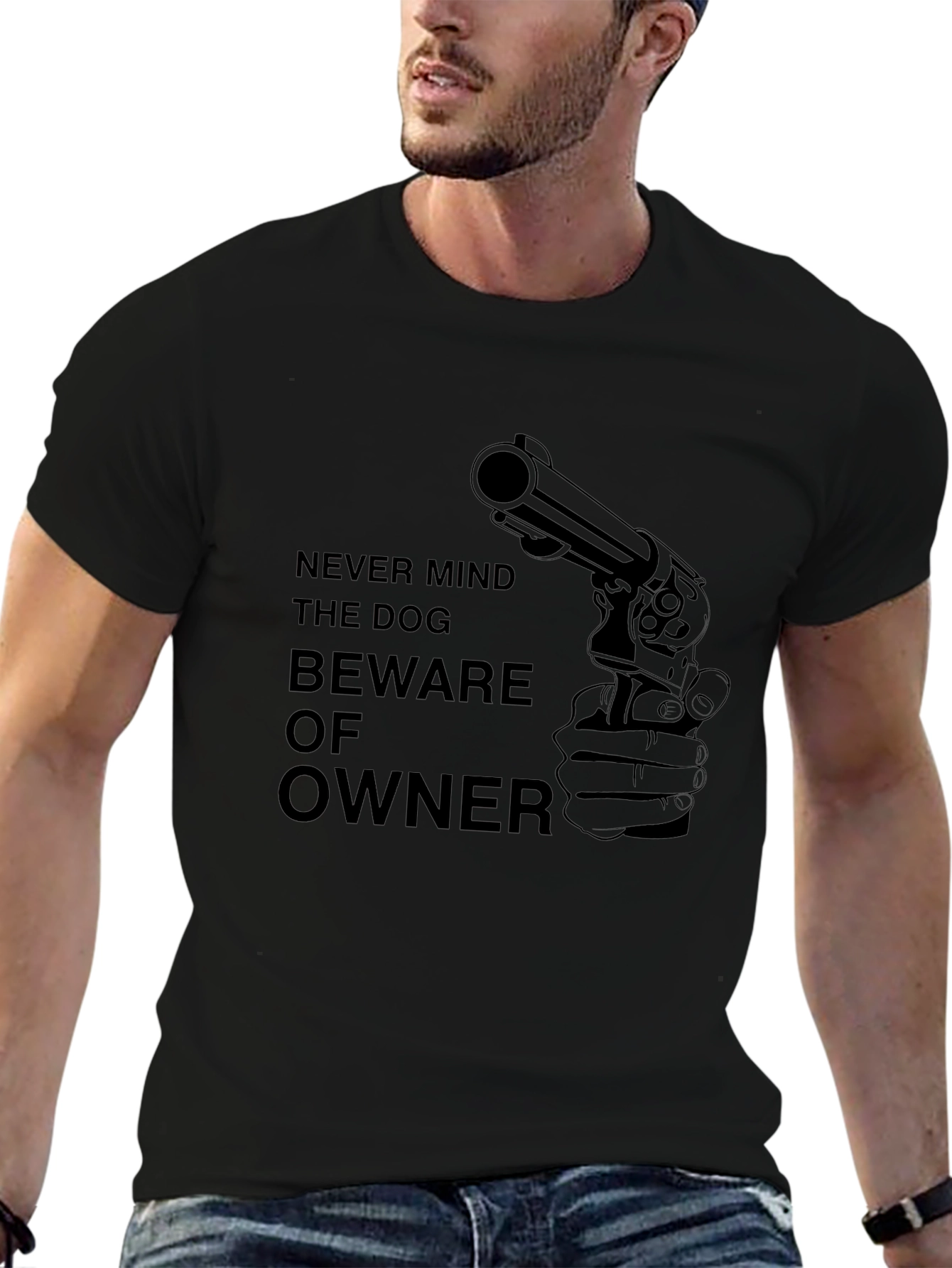 Beware Owner Gun Graphic Tee - Black Cotton T-Shirt
