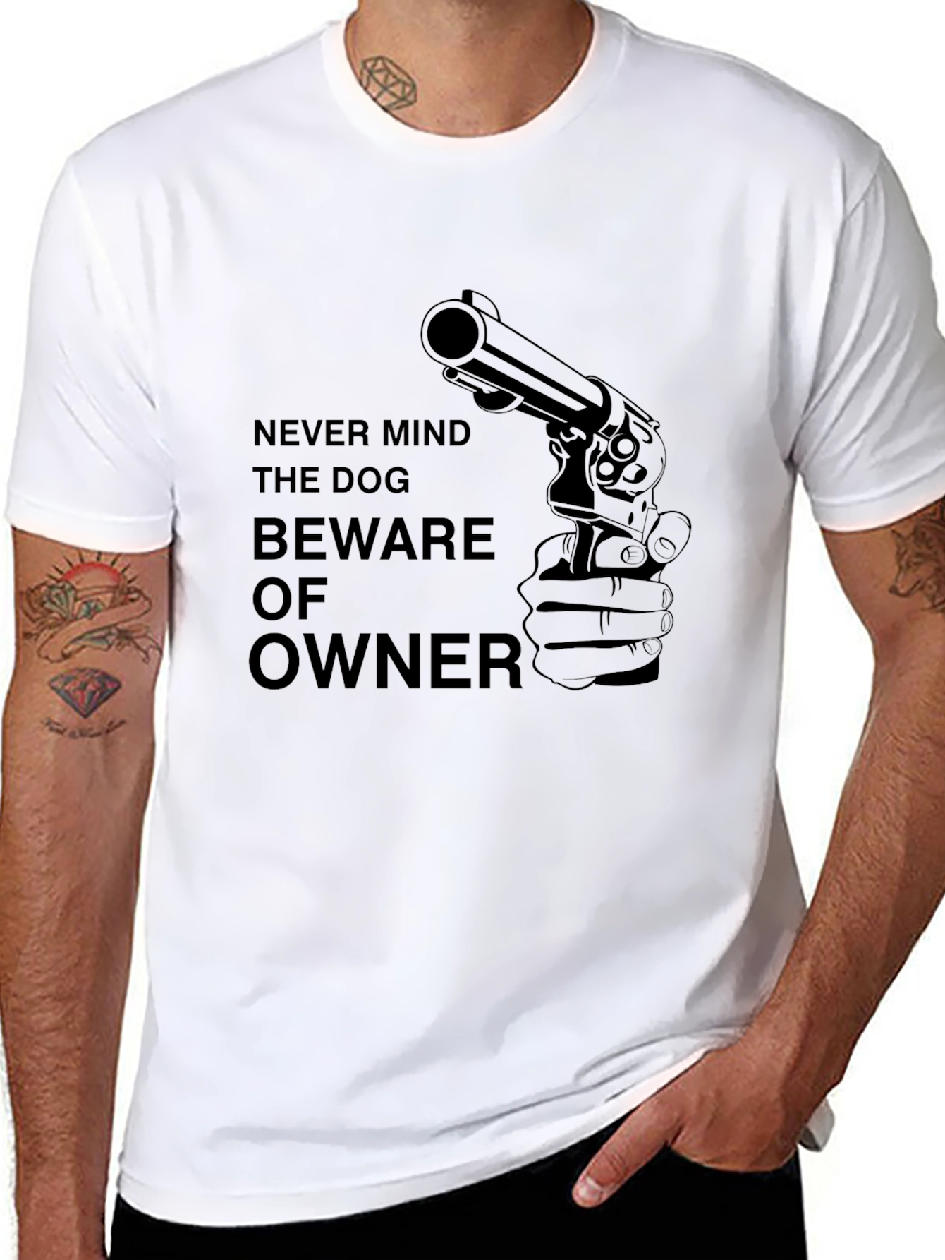Beware Owner Gun Graphic Tee - Black Cotton T-Shirt
