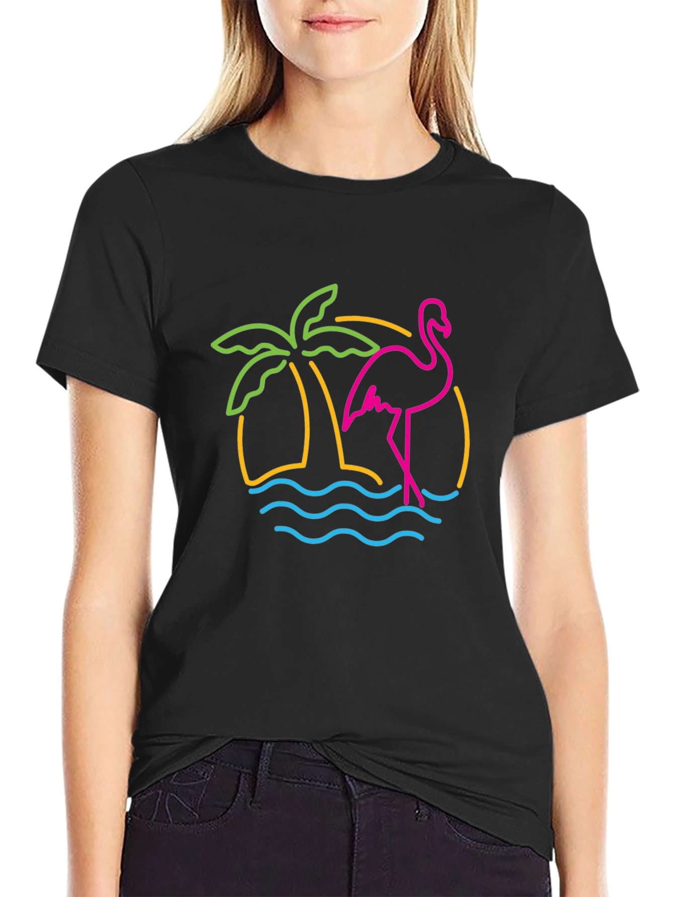 Tropical Flamingo Graphic Tee - Black