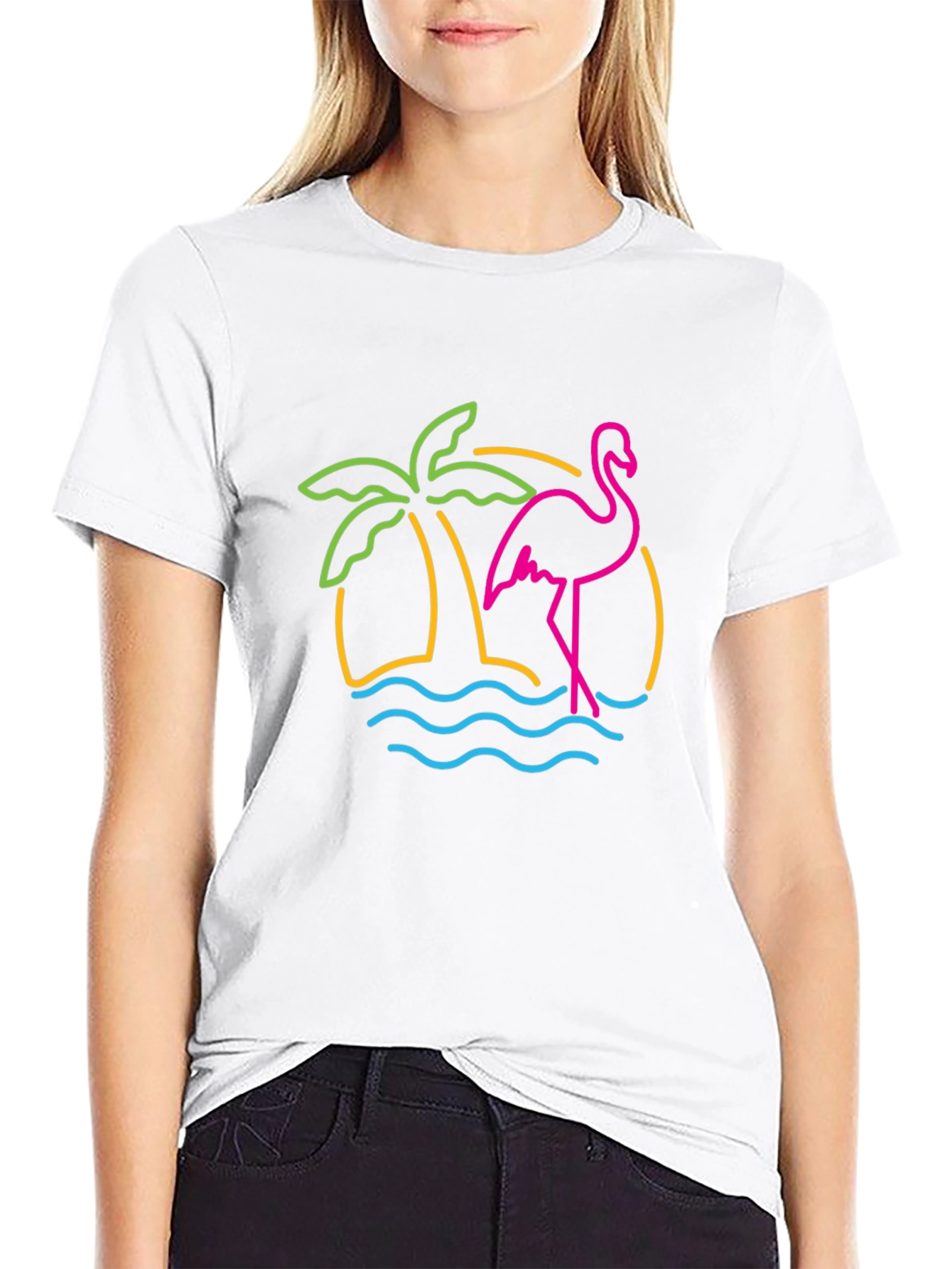 Tropical Flamingo Graphic Tee - Black