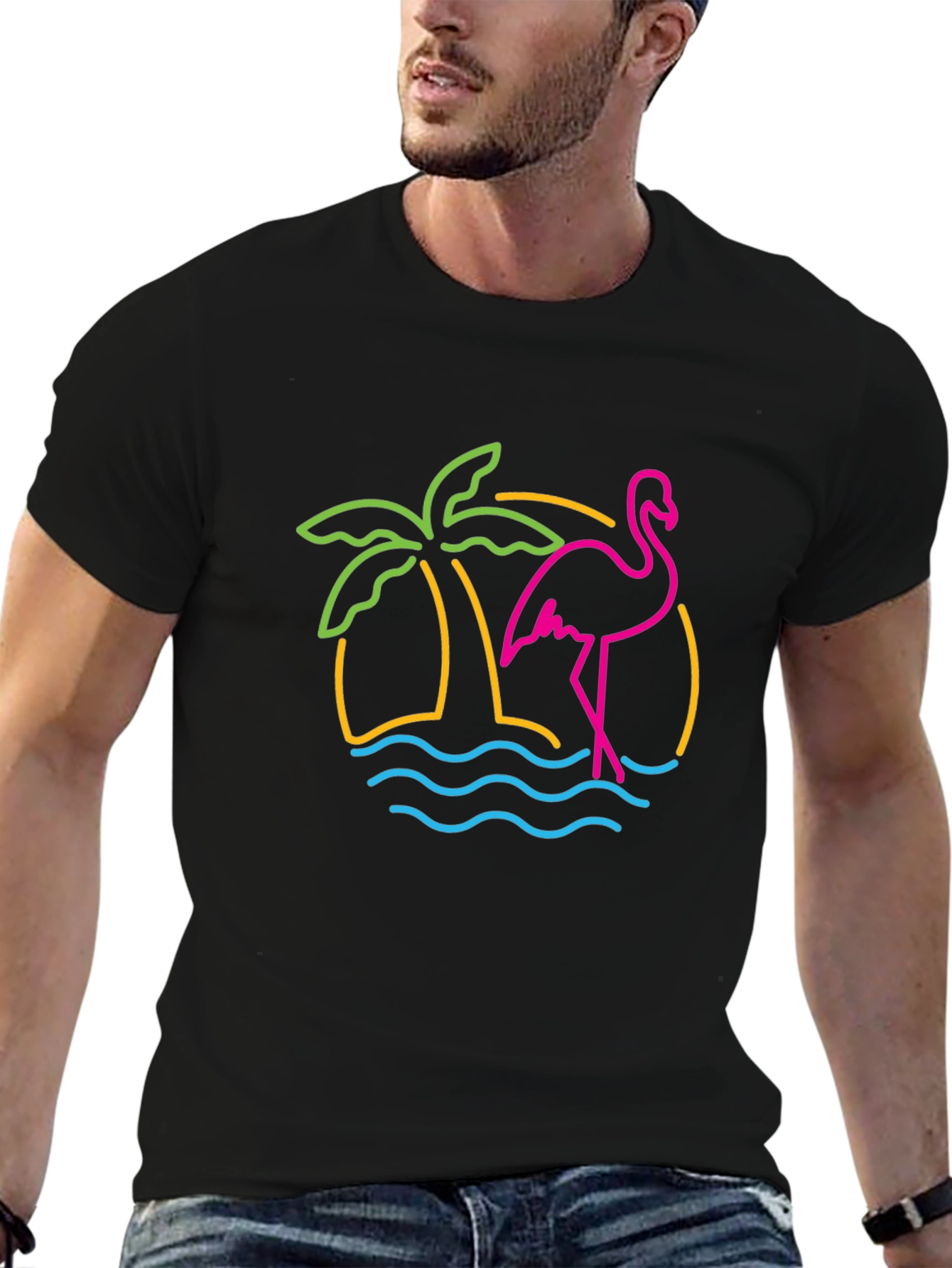 Tropical Flamingo Graphic Tee - Black