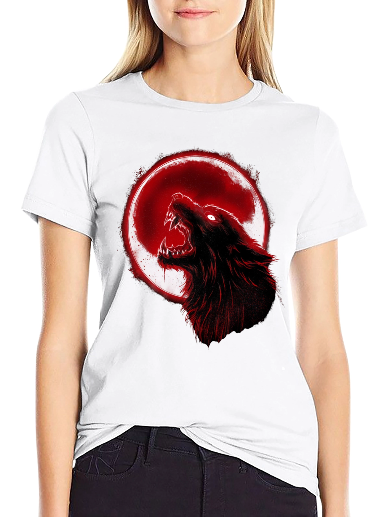 Full Moon Wolf Graphic Tee - Black Cotton T-Shirt
