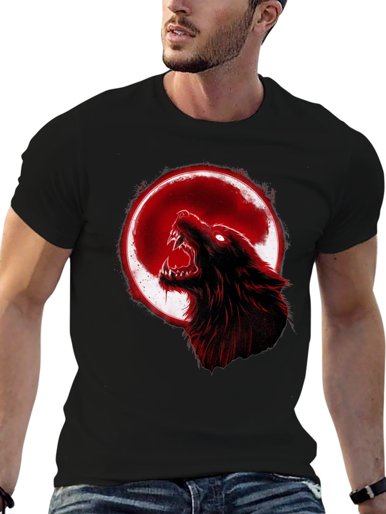 Full Moon Wolf Graphic Tee - Black Cotton T-Shirt