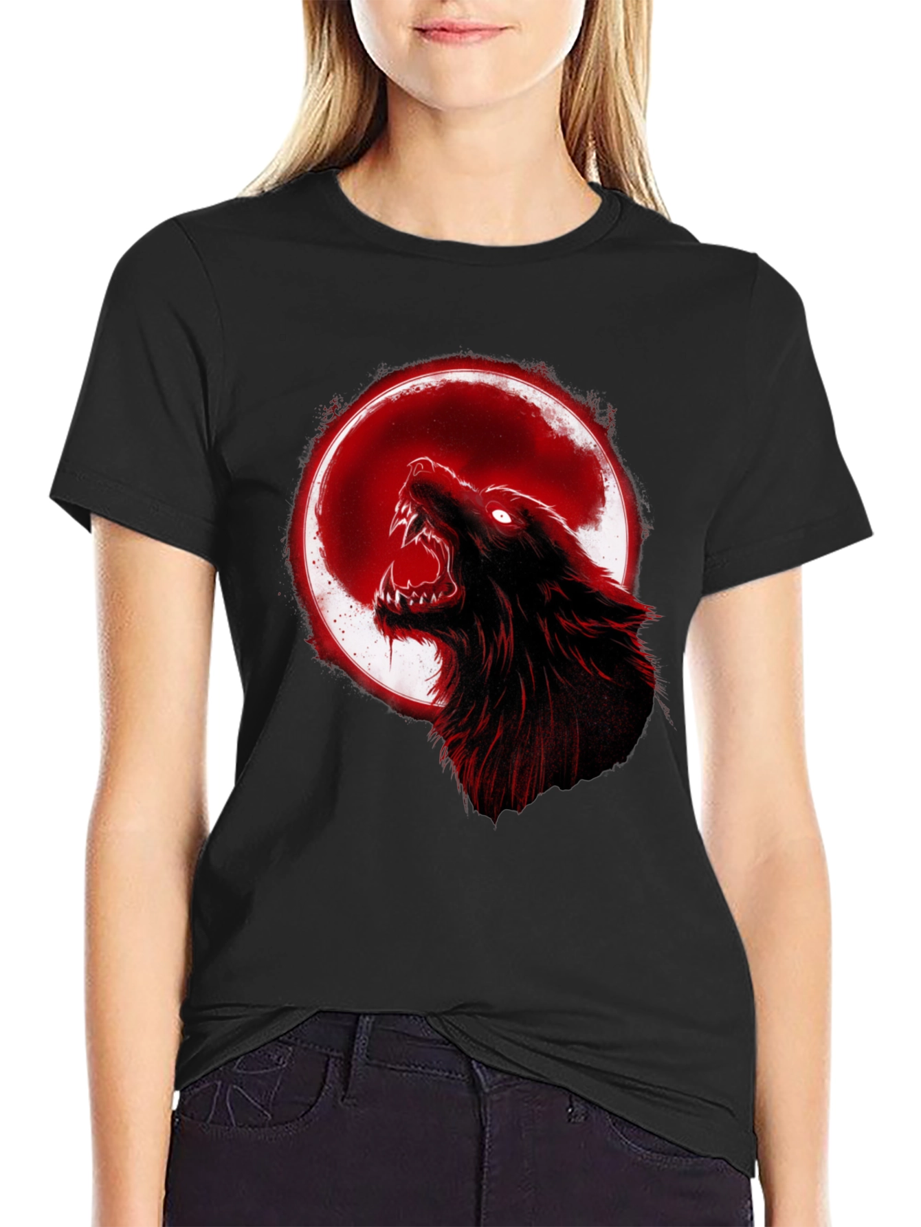 Full Moon Wolf Graphic Tee - Black Cotton T-Shirt