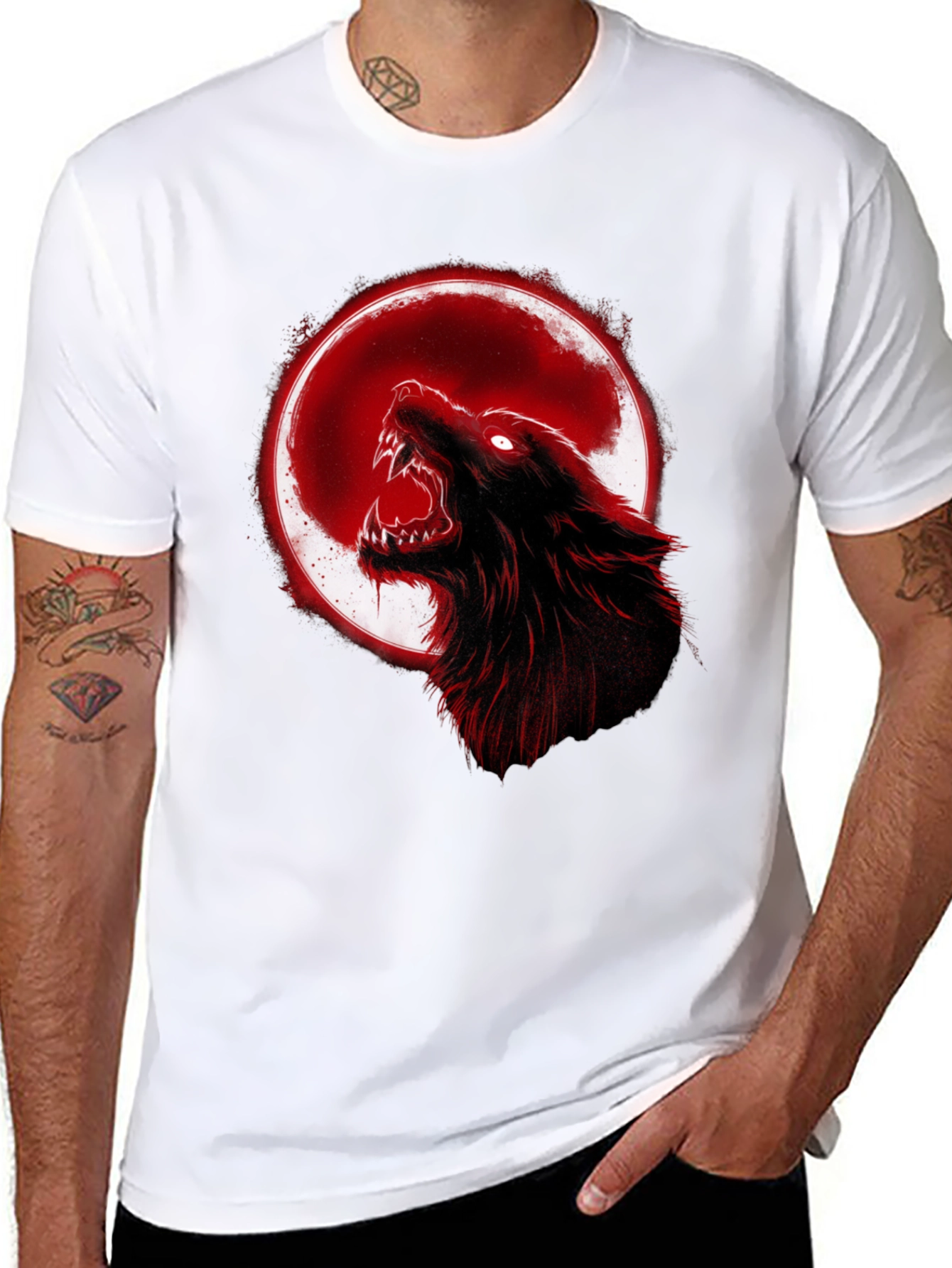 Full Moon Wolf Graphic Tee - Black Cotton T-Shirt