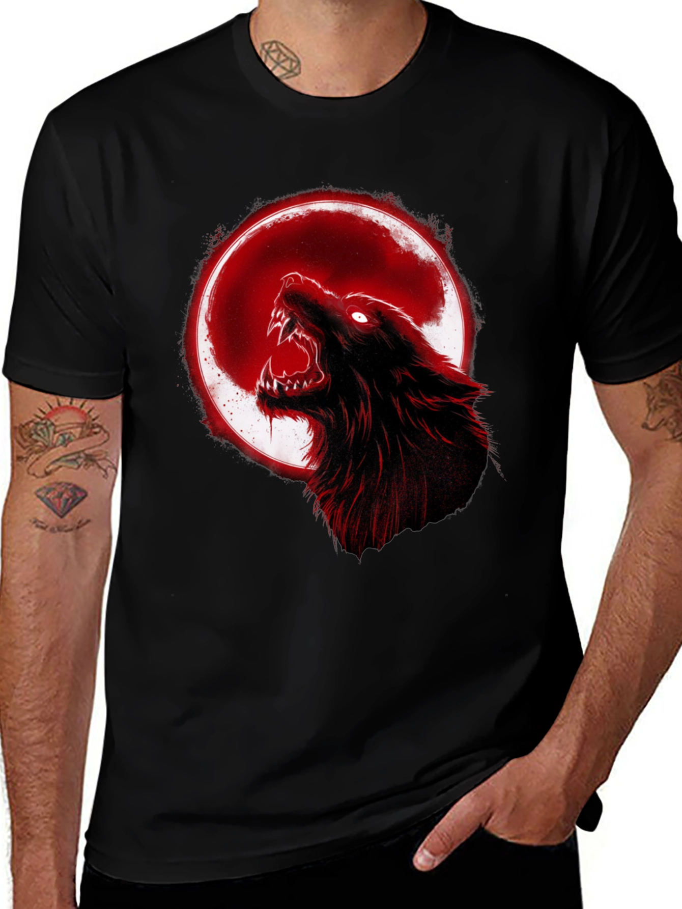 Full Moon Wolf Graphic Tee - Black Cotton T-Shirt
