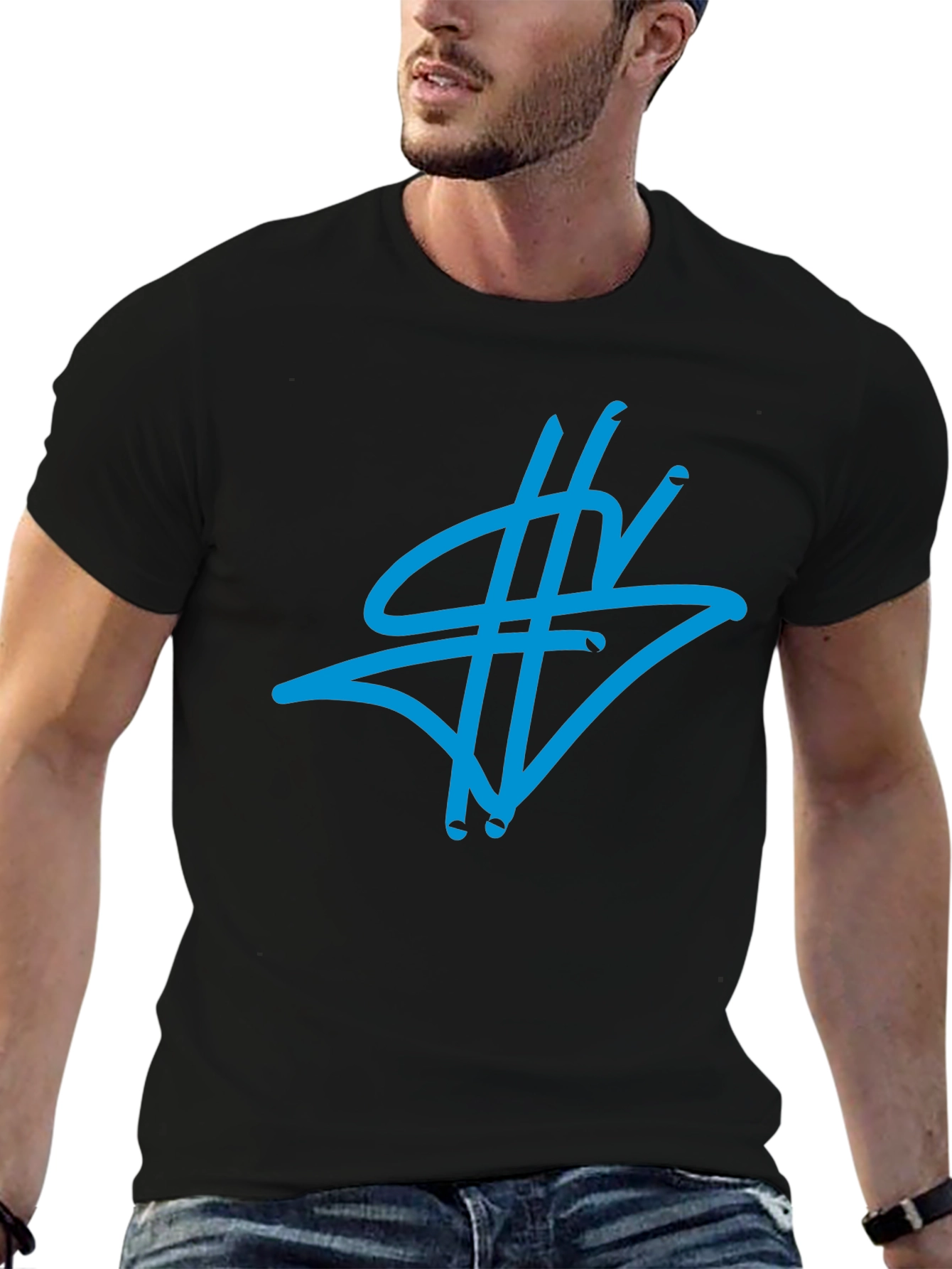 Black Graphic Tee - Abstract Blue Design
