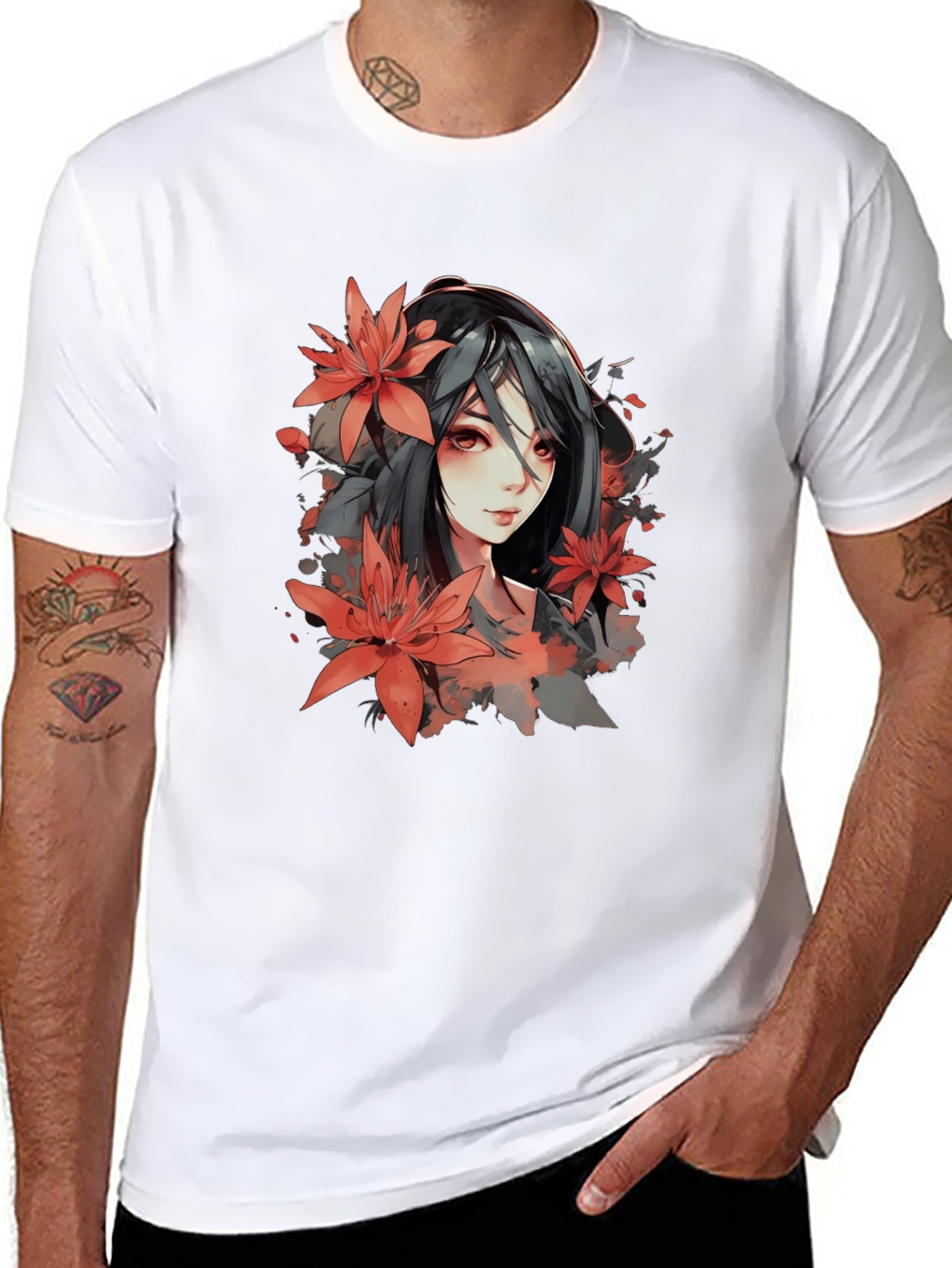 Anime Girl & Floral Black T-Shirt