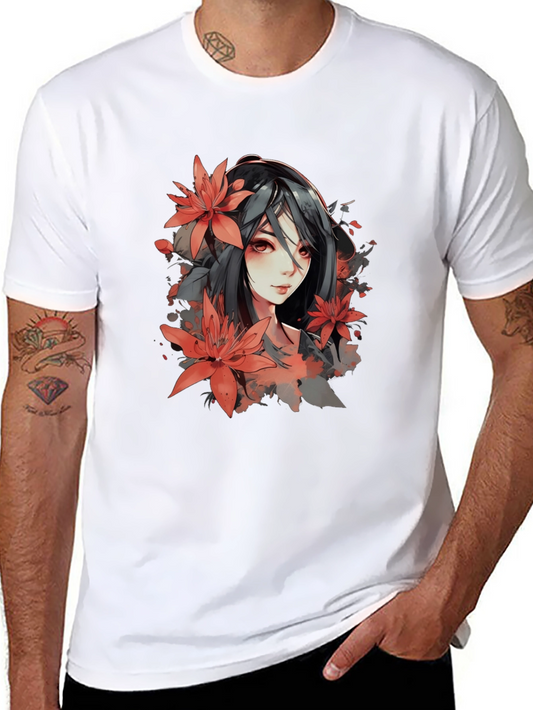 Anime Girl & Floral Black T-Shirt