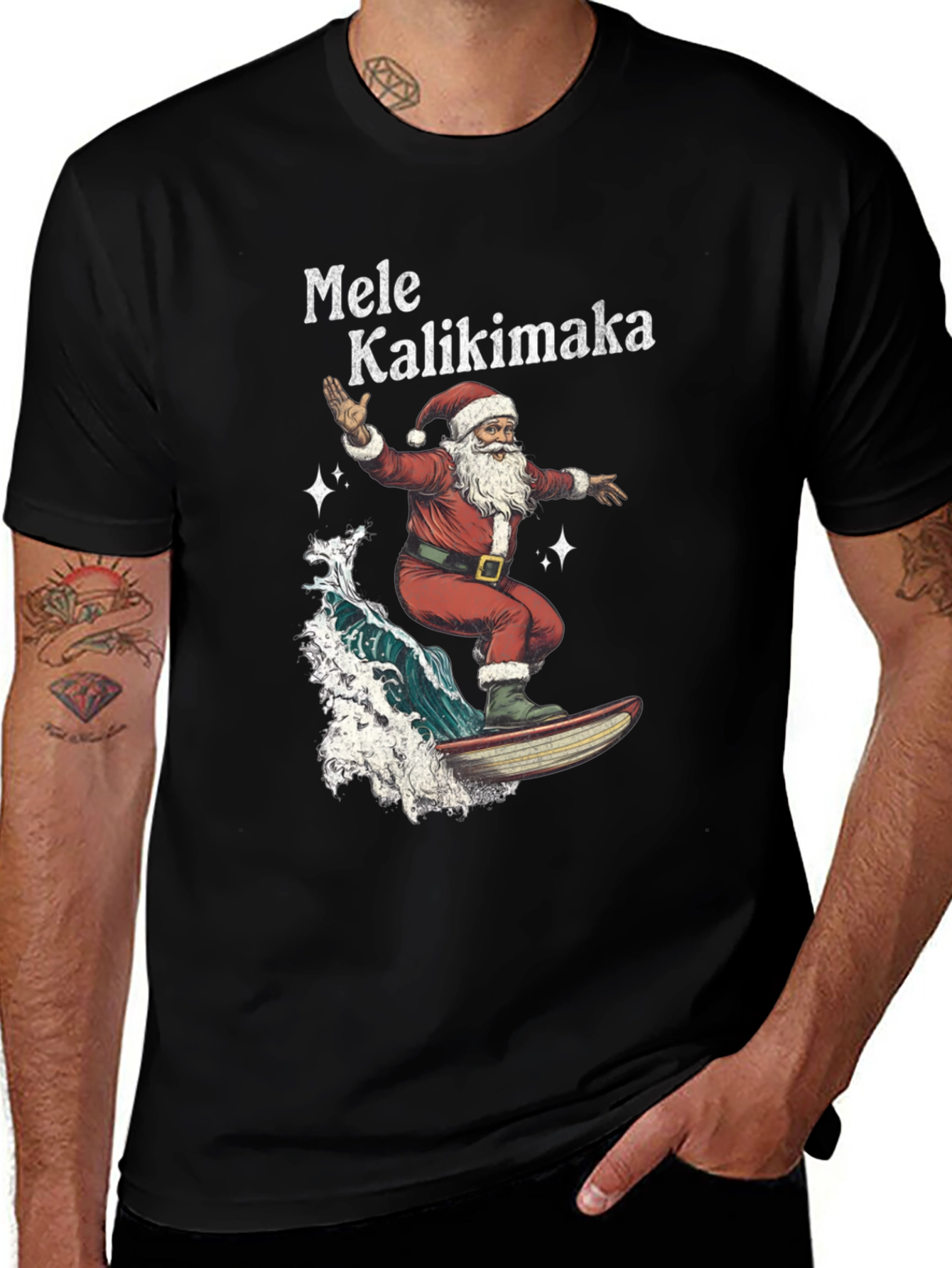 Surfing Santa Mele Kalikimaka Black T-Shirt