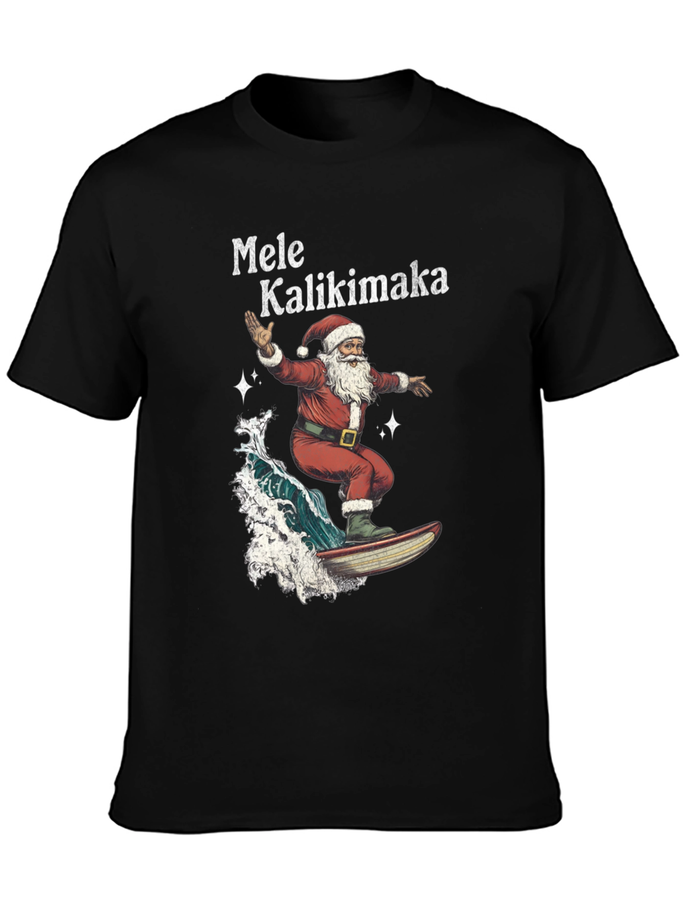 Surfing Santa Mele Kalikimaka Black T-Shirt