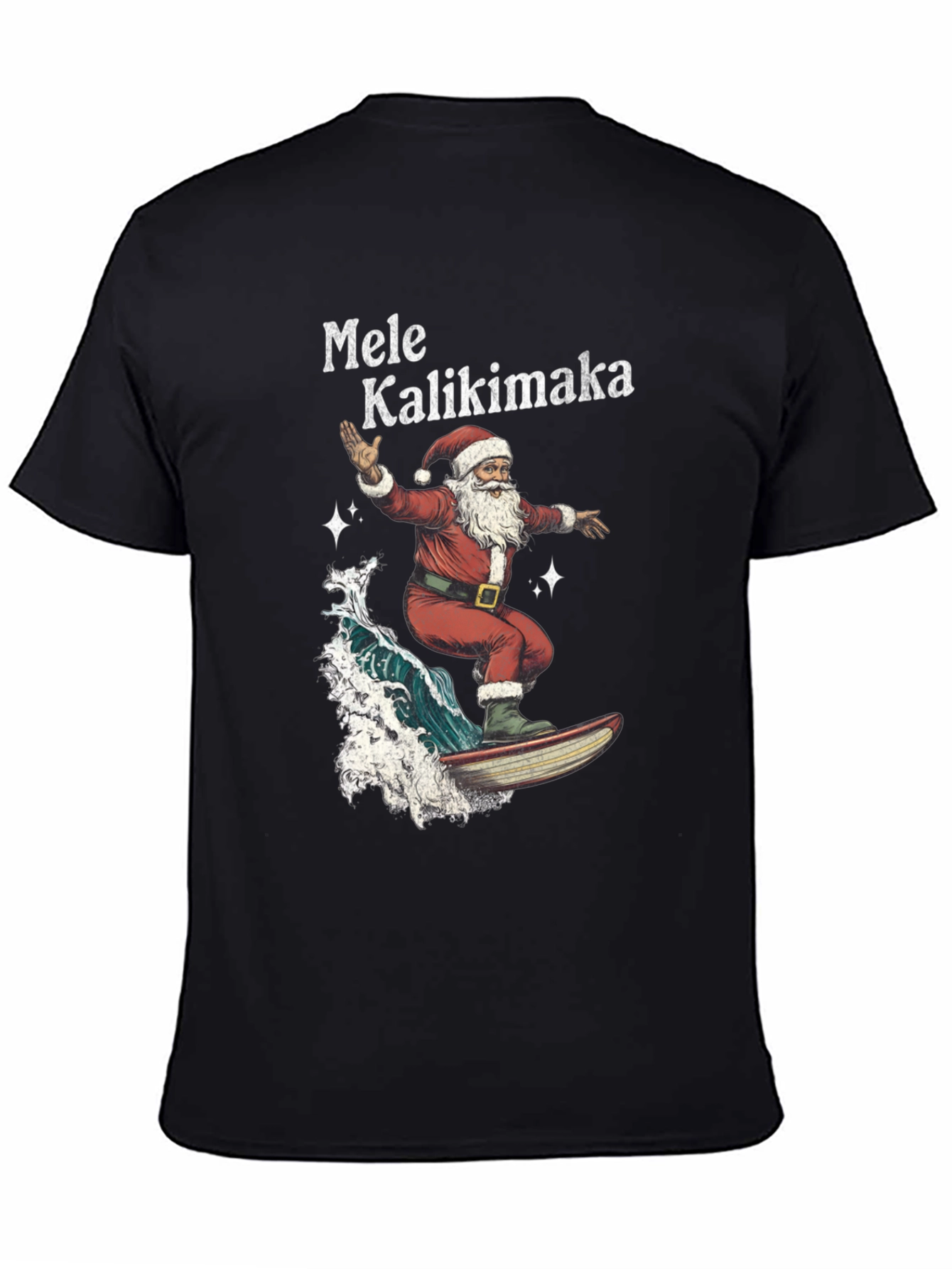 Surfing Santa Mele Kalikimaka Black T-Shirt
