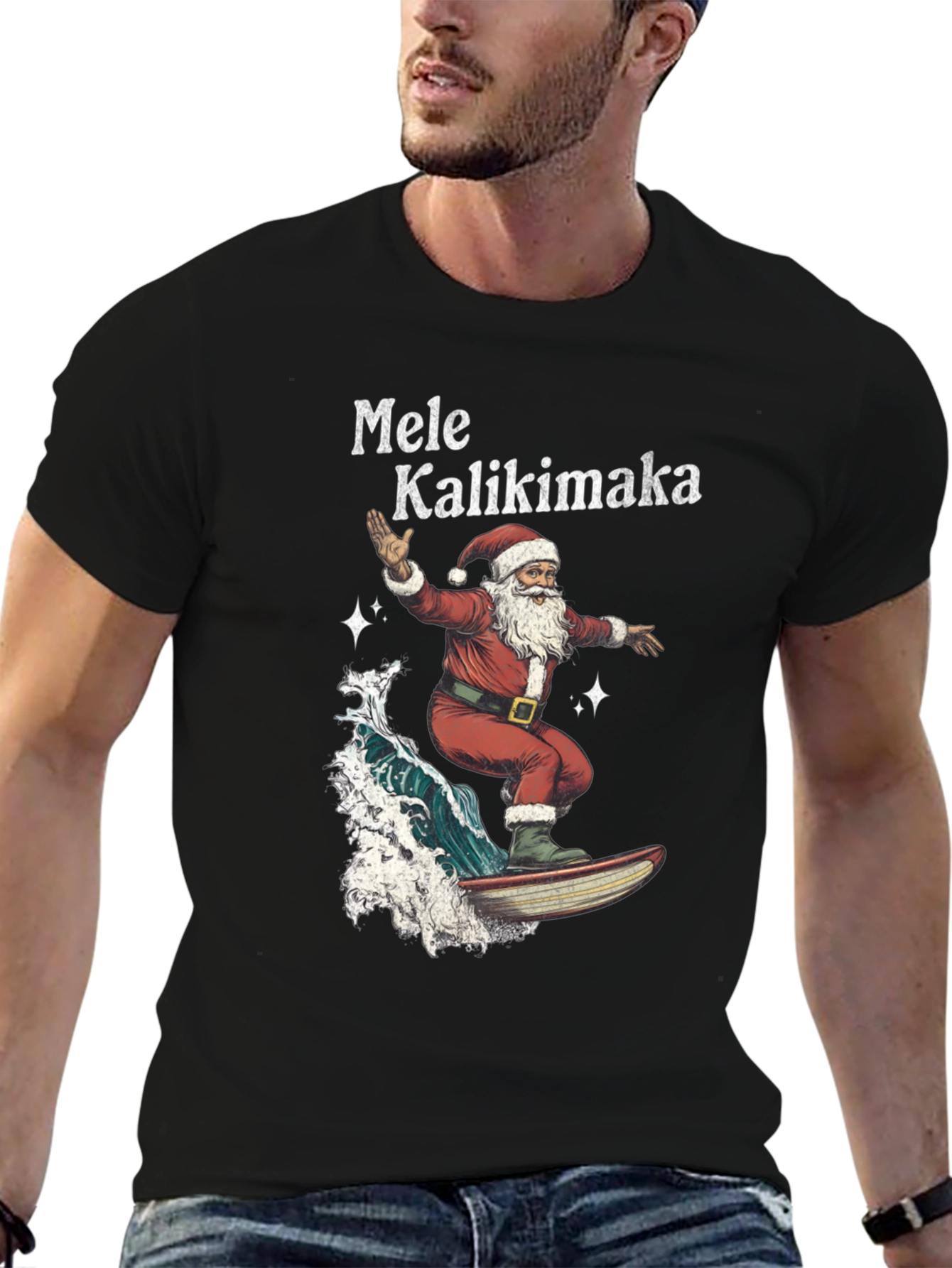 Surfing Santa Mele Kalikimaka Black T-Shirt
