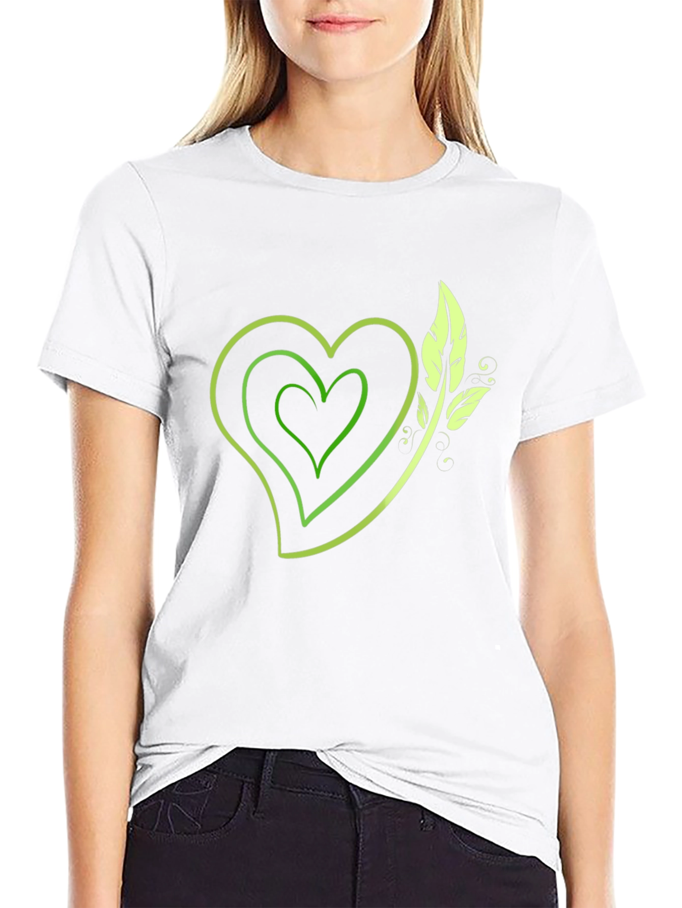 Green Heart & Leaf Graphic Black T-Shirt
