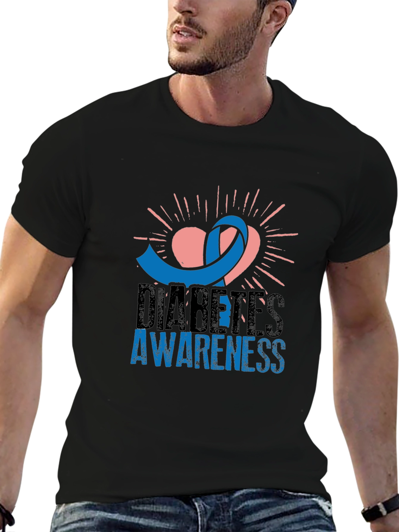 Diabetes Awareness T-Shirt - Blue Ribbon Heart Design