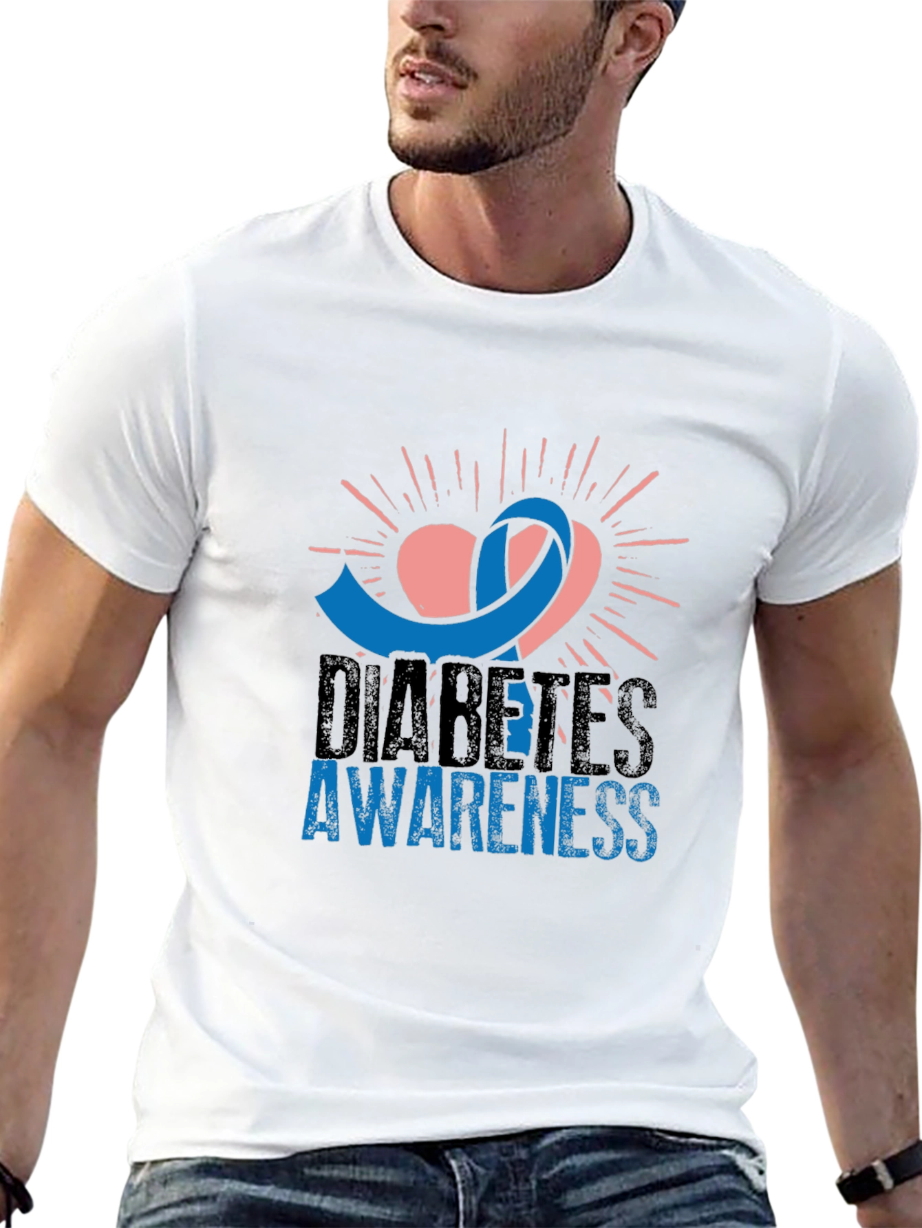 Diabetes Awareness T-Shirt - Blue Ribbon Heart Design